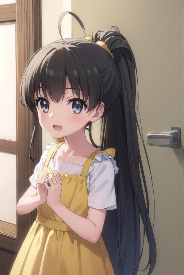 hinatakanashi, <lora:hina takanashi s1-lora-nochekaiser:1>,hina takanashi, long hair, black hair, (black eyes:1.3), ponytail, antenna hair, child, smile, open mouth,BREAK dress, yellow dress, short sleeves,BREAK indoors,BREAK looking at viewer, (cowboy shot:1.5),BREAK <lyco:GoodHands-beta2:1>, (masterpiece:1.2), best quality, high resolution, unity 8k wallpaper, (illustration:0.8), (beautiful detailed eyes:1.6), extremely detailed face, perfect lighting, extremely detailed CG, (perfect hands, perfect anatomy), 