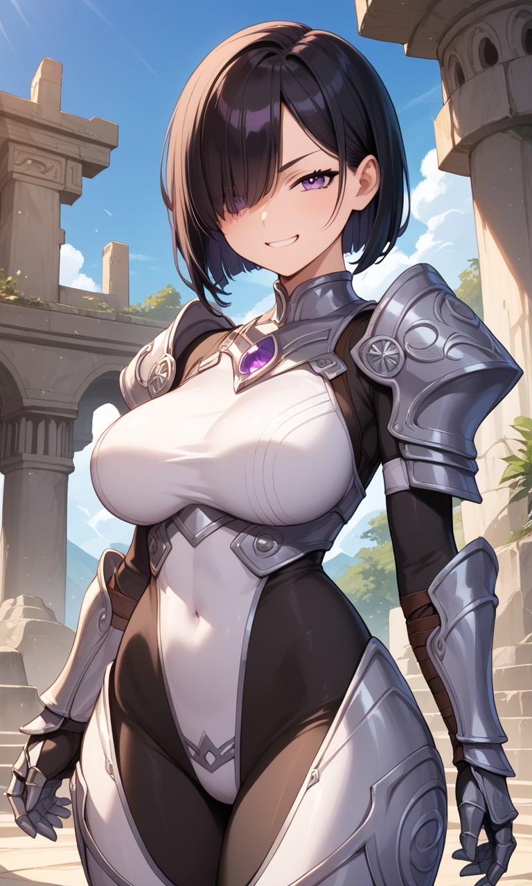 score_9, score_8_up, score_7_up, score_6_up, score_5_up, score_4_up, source_anime, BREAK, highres, official art, detailed face and eyes, face focus, solo focus, cinematic darkness, smug woman, large breasts, wide hips, short black hair with sideswept bangs, hair over one eye, violet eyes, skintight bodysuit, armored gauntlets and greaves, overgrown stone temple