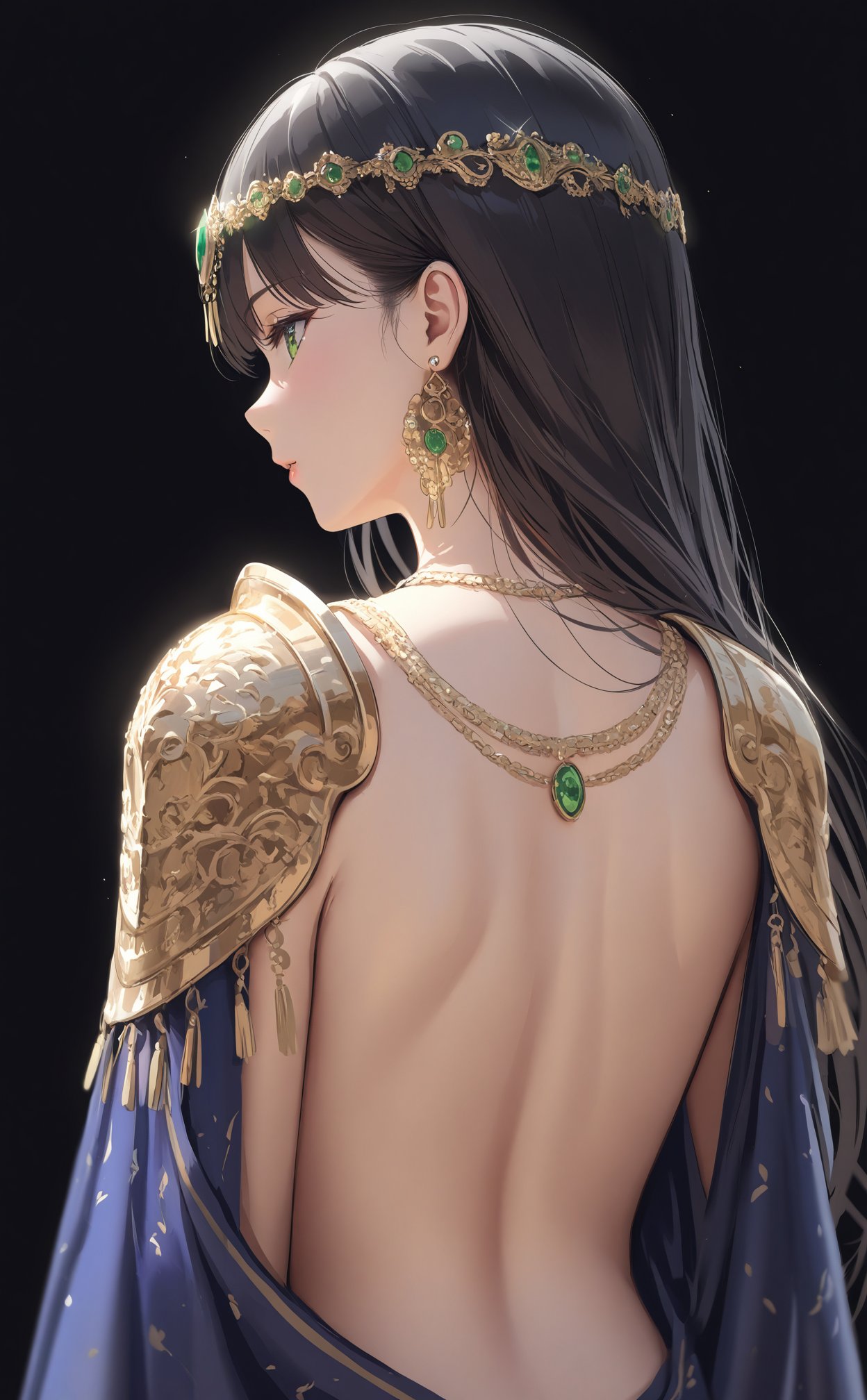 (masterpiece),(best quality),illustration,ultra detailed,hdr,Depth of field,(colorful),wlop,Thick Painting Style,1girl,solo,black_hair,long_hair,jewelry,from_behind,earrings,upper_body,back,green_eyes,shoulder_armor,gem,black_background,necklace,simple_background,pauldrons,profile,gold_chain,circlet,bare_back