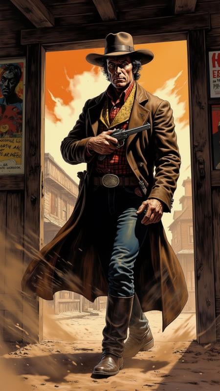 A lone gunman with a steely gaze stands in the doorway of a saloon, his hand hovering over his holstered revolver. Dust swirls around his boots as he prepares to face whatever comes next. His expression is cold, hardened by years of violence<lora:Adventure_Comic_Book:0.8>