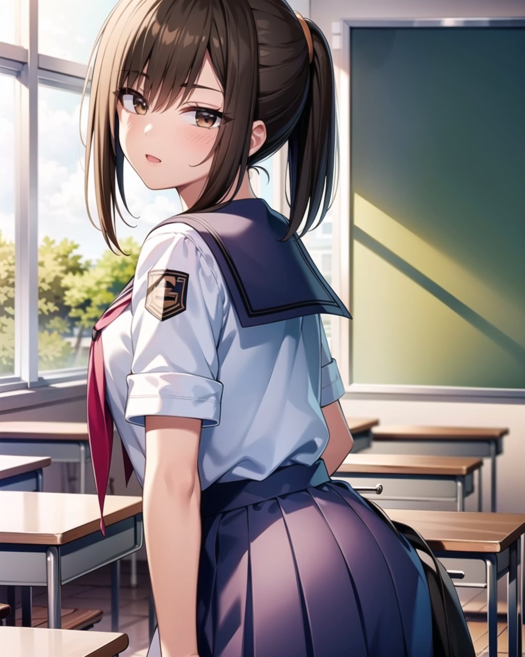 ((masterpiece)), ((best quality)), ((highres)), ((extremely detailed CG unity 8k wallpaper)), solo, <lora:hisako:0.9>, hisako, school uniform, lavender skirt, classroom, cowboy shot, brown eyes,