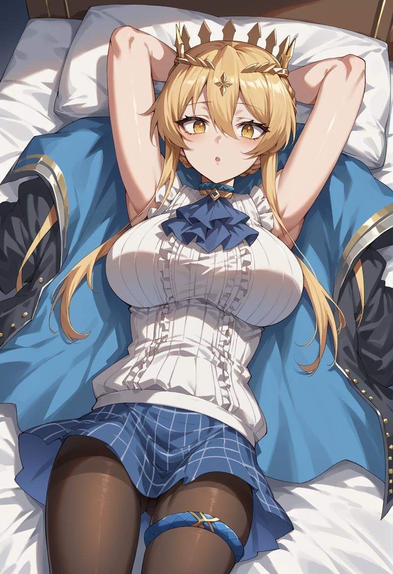 1girl, long hair, blonde hair, yellow eyes, sidelocks, single hair bun, french braid, crown, choker, ascot, blouse, sleeveless, ring, checkered skirt, pantyhose, Thigh Strap, big breasts, undersized clothes, sleeveless, looking at viewer, laying, on back, bed, chestnut mouth, unworn jacket <lora:Amiya_XL:1> <lora:titoria:0.8> arms up, dynamic pose, dutch angle, score_9, score_8_up, score_7_up, score_6_up, score_5_up, score_4_up, BREAK source_anime, masterpiece