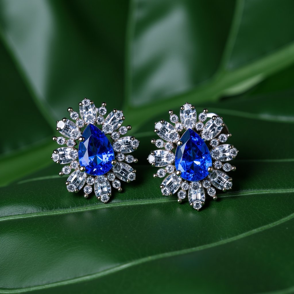 a close up of a pair of earrings on a leaf,sapphire earrings,blue adornements,boucheron style,wearing ornate earrings,rich azure tones,blue jewellery,elaborate earrings,jewel embellishment,ornate jewels,van cleef  and  arpels style,embedded with gemstones,earring design,detailed jewellery,ornate colored gems and crystals,gemstones for eyes,opal statues adorned in jewels,ornate gems,boucheron,award - winning crisp details,silver and sapphire,ornate jewelry,with small studded earings,jewelry photography,ornate and intricate jewelry,earrings. highly detailed,emerald earrings,multiple earrings,large blue diamonds,earrings,adornments,exquisite fine details,van cleef  and  arpels,