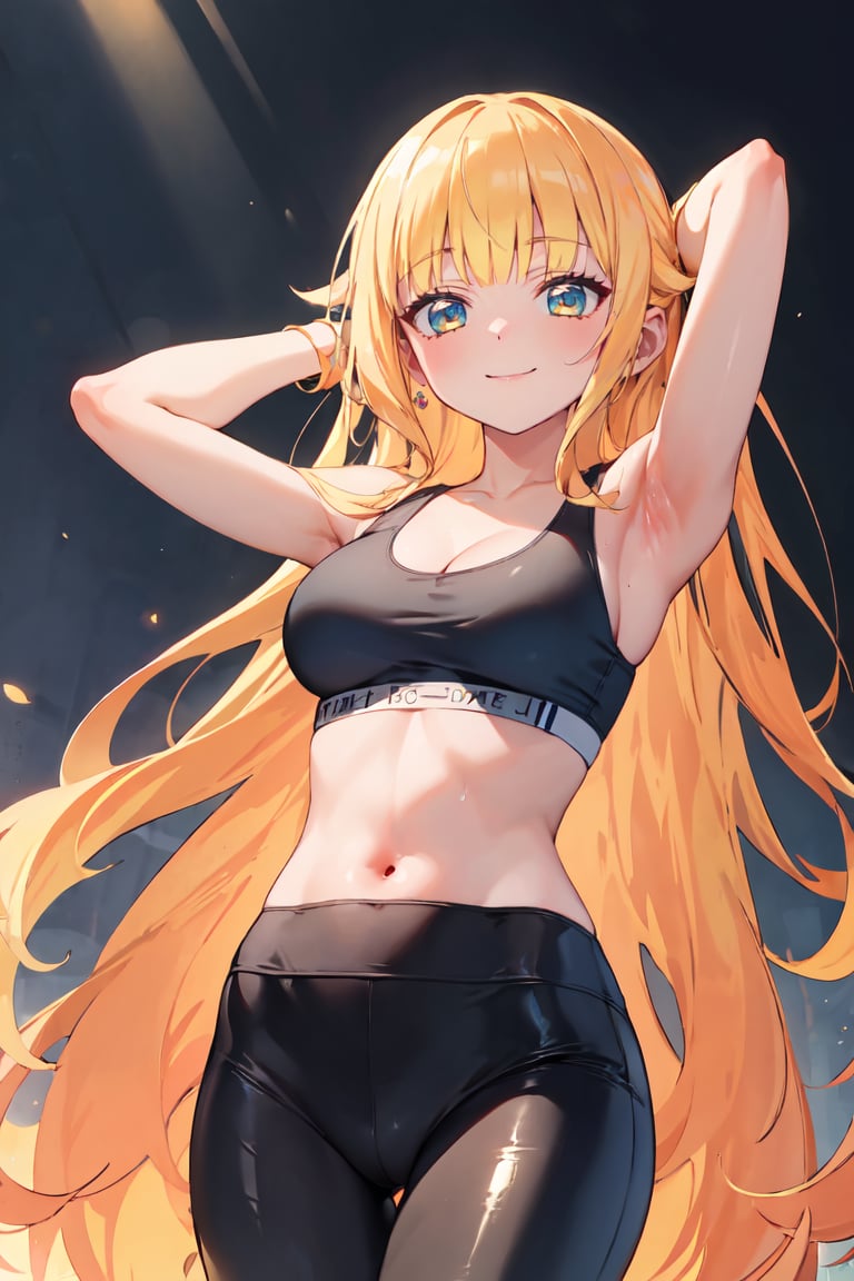 masterpiece, best quality, ultra-detailed, glistening shiny, glowing light, ray tracing, HDR, deph of field, (perfect face, detailed face),  <lora:Beelzebub_jou:0.7>, beelzebubjou, very long hair, hair flaps, smile, sports bra, leggins, arms behind head, standing