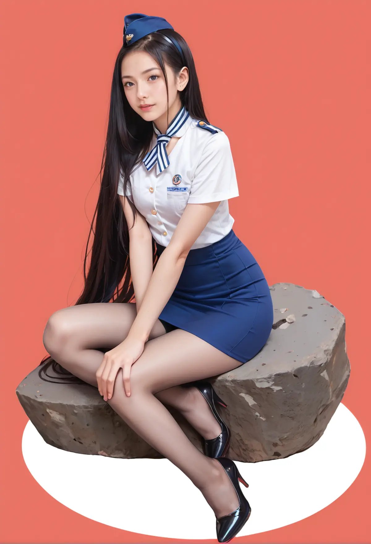 score_9,score_8_up,score_7_up,very long hair,black hair,1girl,solo,red background,full body,sitting on rock,,ruanyi0434,blue skirt,uniform,white shirt,miniskirt,stewardess hat,pantyhose,<lora:0434 stewardess_v1_pony:0.8>