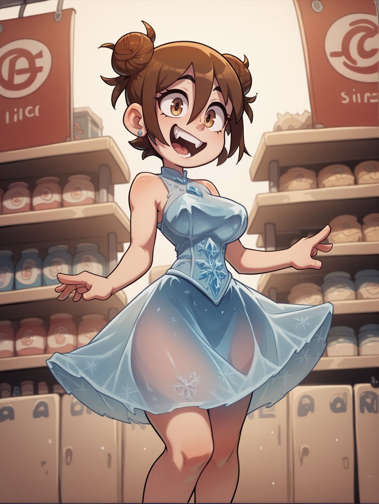 score_9, score_8_up, score_7_up, score_6_up, score_5_up, score_4_up, cartoon,1girl wearing an (ice dress), <lora:ice_dress-PD-1.0:1>,double hair bun, brown hair, large breasts, shortstack, brown eyes, hair between eyes, sidelocks,store front, shelves, pose, laughing, 