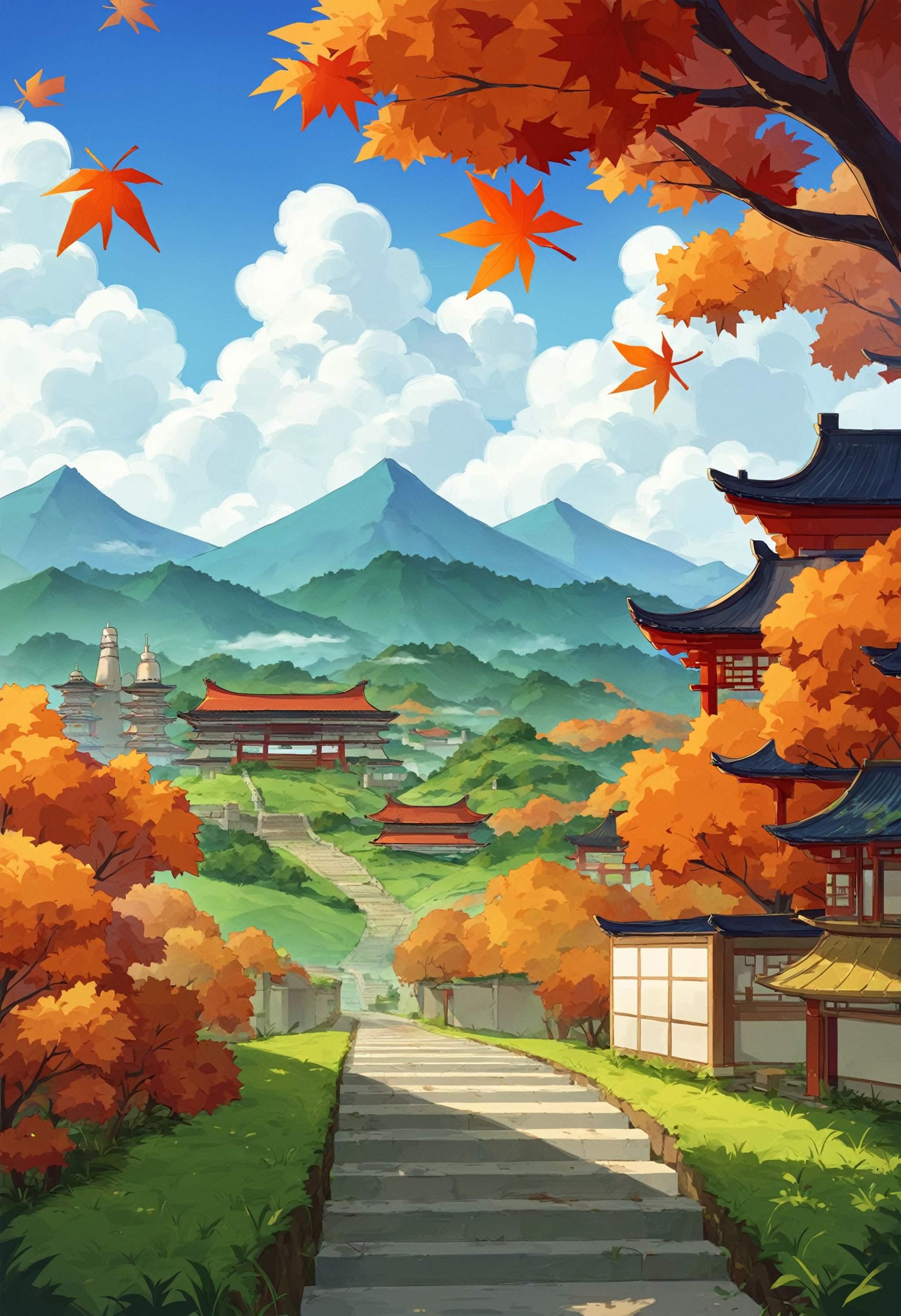 score_9, score_8_up, score_7_up, BREAKscenery, landscape, tile wall, fog, grass, window, building, stucco, path, outdoors, tree, east asian architecture, no humans, dirt, autumn leaves, architecture, blue sky, bush, castle, plant, pagoda, sky, wall, stairs, town, nature, cloudy sky, mountain, light, green theme, cloud, stone wall, entrance