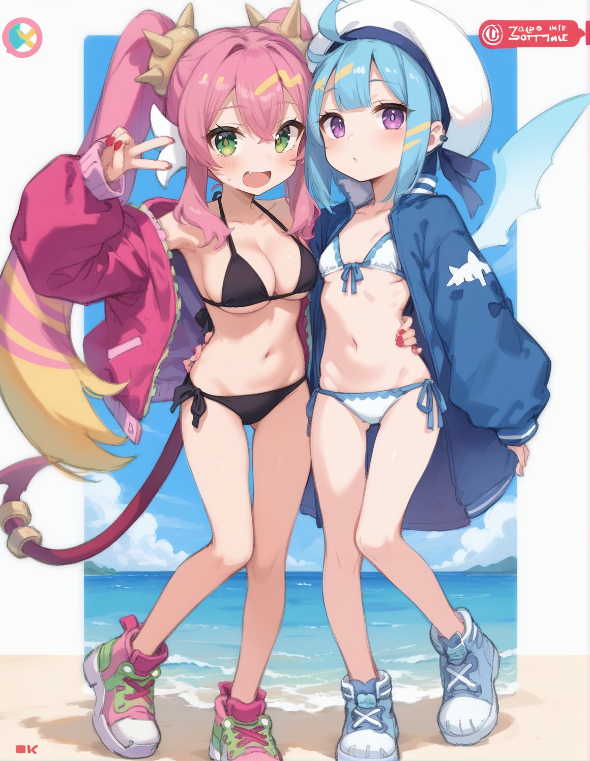 (score_9:0.9),score_8_up,score_7_up,rating_safe,(zPDXL),sidelocks,parody,official art,2girls,full body,blush stickers,(livestream),sidelocks,beach,open jacket, hugBREAK pink jacket,ka sikil,red tail,hair ornament,large breasts,open mouth,fang,:d,bare foot,pink sneakers,black bikini,selfie,BREAK blue jacket,small breasts,white_bikini,,bare foot,<lora:Live twin ponyXL v1:0.65>,