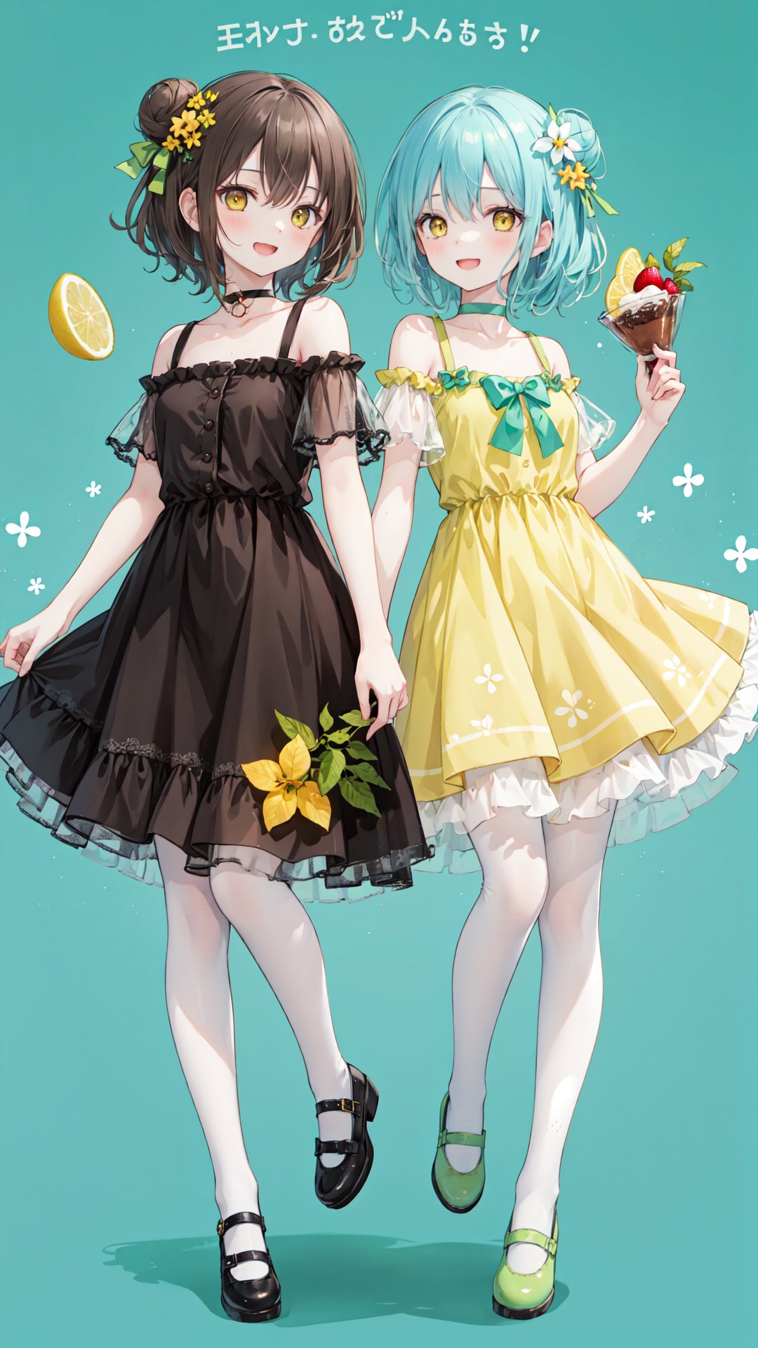 multiple girls,dress,lemon,2girls,blue hair,smile,lemon slice,socks,brown eyes,fruit,food,shoes,long hair,open mouth,hair bun,bangs,blush,closed mouth,green dress,:d,looking at viewer,brown hair,single hair bun,collarbone,frills,hair ornament,pantyhose,standing,short sleeves,bare shoulders,brown footwear,choker,short hair,yellow dress,hair between eyes,standing on one leg,blue background,full body,bow,frilled dress,see-through,green footwear,food print,yellow eyes,