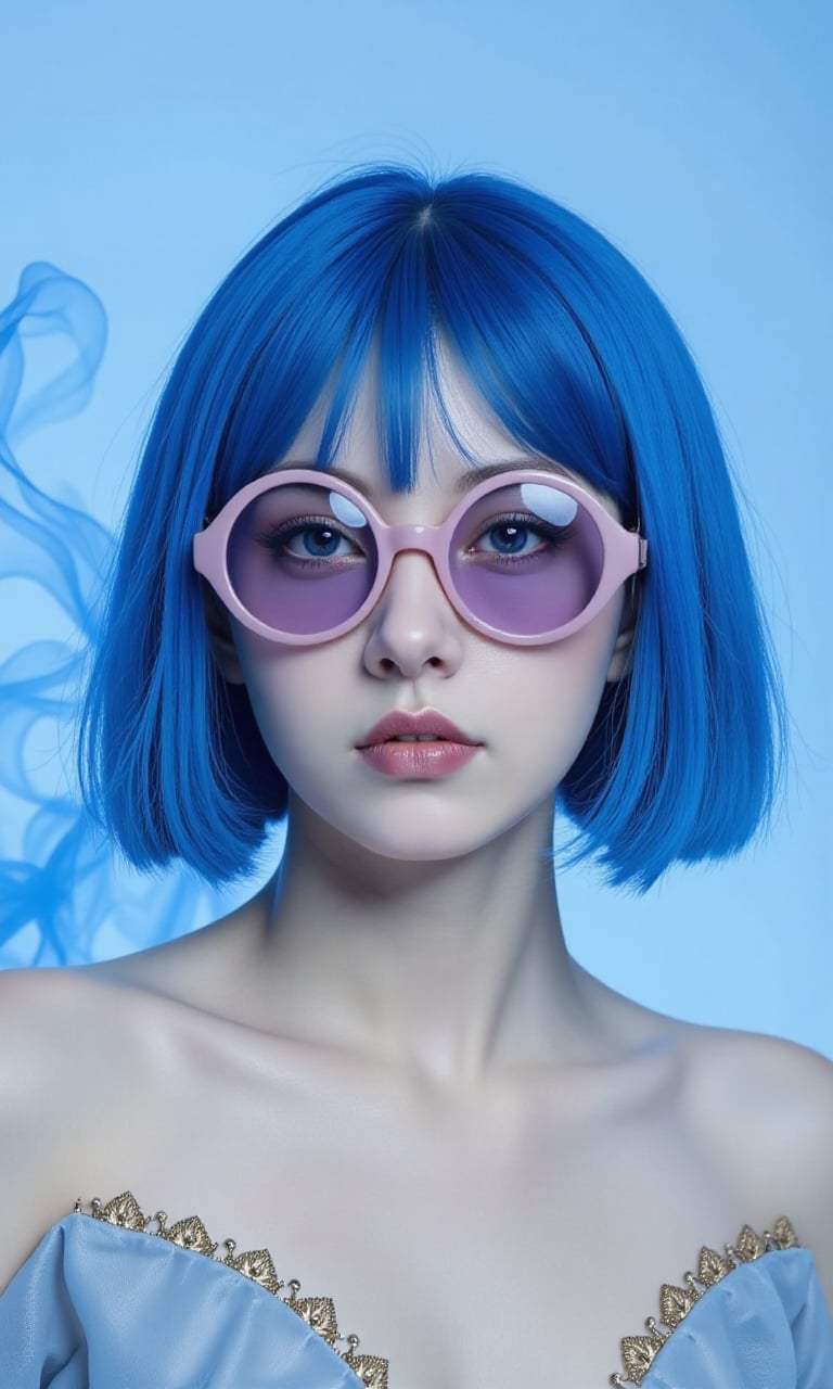 This is a real high-definition photo,The image features a person with a striking appearance, characterized by a vibrant blue bob haircut and wearing large, round pink sunglasses with purple lenses. The subject's expression is neutral, and they are dressed in a sheer, blue garment adorned with intricate gold embroidery. The background is a soft, matching blue, with wisps of blue smoke or fabric adding a dreamy, ethereal quality to the scene. The overall color palette is dominated by shades of blue, creating a cohesive and visually captivating composition. The interplay between the subject's bold fashion choices and the soft, flowing background elements suggests a theme of modern, avant-garde style.",