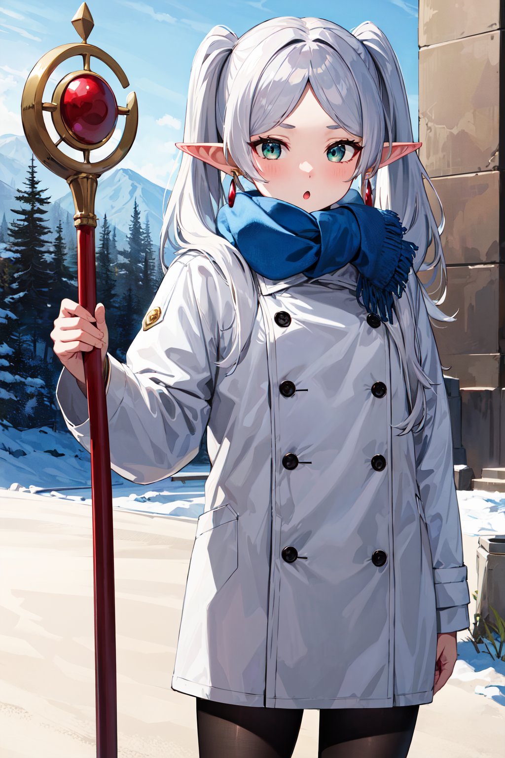 masterpiece, best quality, highres, aafrie, long hair, white hair, twintails, pointy ears, earrings, thick eyebrows, blue scarf, white coat, double-breasted, buttons, black pantyhose, <lora:frieren_v1:0.7>, holding staff, outdoors, :o