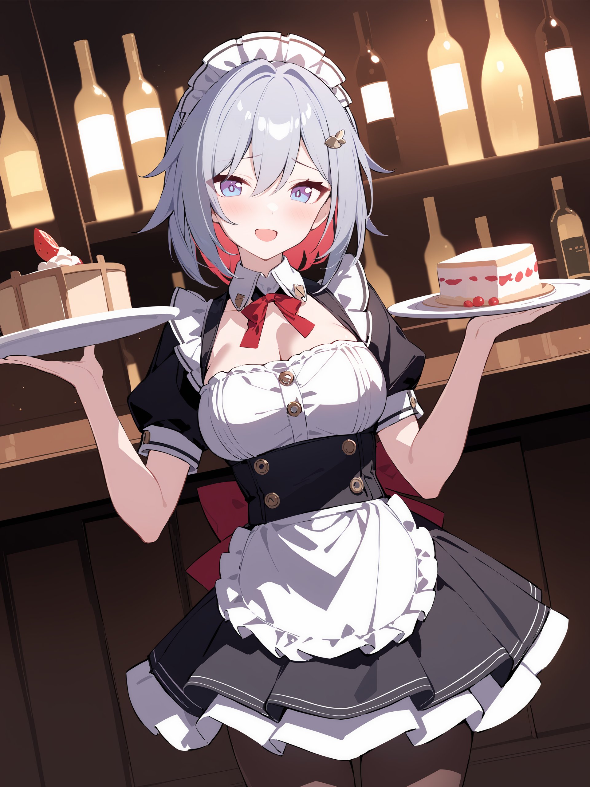 masterpiece, best quality, perfect features, intricate details, ray tracing, very aesthetic, (hitenkei, askzy:0.4), 1girl, topaz \(honkai: star rail\), solo, maid, maid headdress, maid apron, embarrassed, pantyhose, open mouth, blush, smile, open mouth, holding plate, looking at viewer, cowboy shot, bar \(place\), indoors, depth of field  <lora:Char-HonkaiSR-Topaz-XL-V1:0.8>