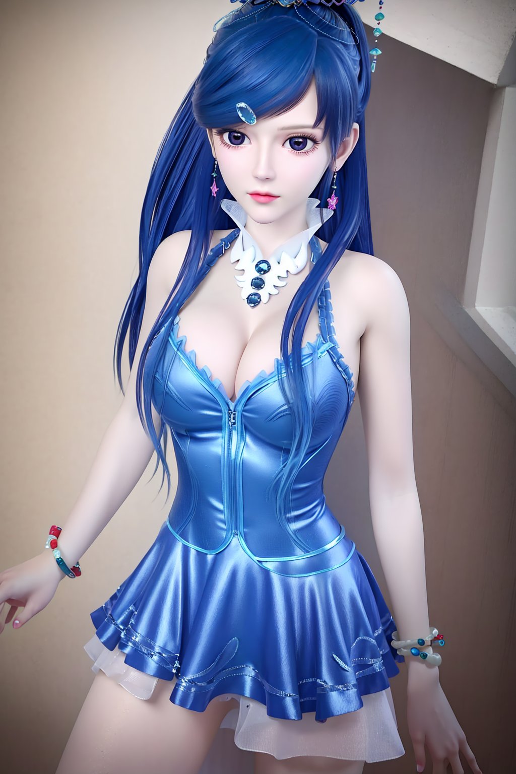 (8k, RAW photo, best quality, masterpiece:1.2),(realistic, photorealistic:1.3),ultra-detailed,extremely detailed cg 8k wallpaper,(crystalstexture skin:1.2),extremely delicate and beautiful,1girl,solo,jewelry,blue hair,earrings,long hair,blue eyes,dress,bracelet,photo_\(medium\),(breasts, medium_breasts, cleavage),looking at viewer,standing,spread legs,nude,