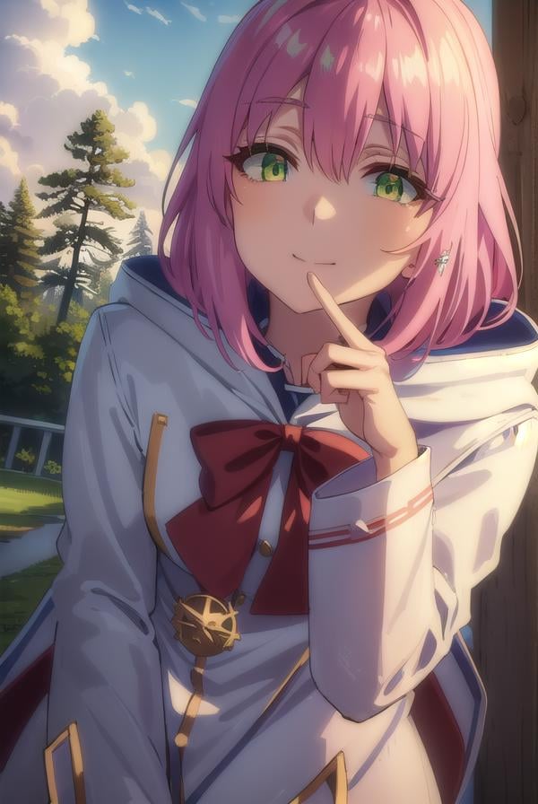 nornclatalissajioral, <lora:norn clatalissa jioral s1-lora-nochekaiser:1>,norn clatalissa jioral, long hair, hair between eyes, (green eyes:1.5), pink hair, smile,BREAK long sleeves, dress, bow, red bow, hood, robe, white robe,BREAK outdoors, forest, nature, grass, trees, sun, sky, clouds,BREAK looking at viewer, (cowboy shot:1.5),BREAK <lyco:GoodHands-beta2:1>, (masterpiece:1.2), best quality, high resolution, unity 8k wallpaper, (illustration:0.8), (beautiful detailed eyes:1.6), extremely detailed face, perfect lighting, extremely detailed CG, (perfect hands, perfect anatomy),