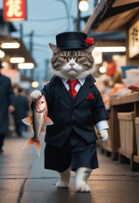 A hyperdetailed photograph of a Cat dressed as a mafia boss holding a fish walking down a Japanese fish market with an angry face, 8k resolution, best quality, beautiful photograph, dynamic lighting,