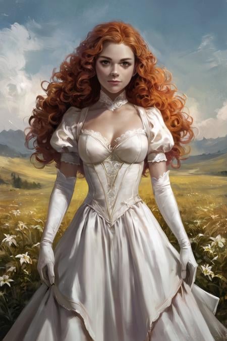 score_9, score_8_up, score_7_up, rating_safe, concept art, digital art, realistic, 1girl, solo, long hair, curly hair, wavy hair, orange hair, brown eyes, looking at viewer, breasts, dress, white dress, puffy sleeves, puffy short sleeves, short sleeves, gloves, elbow gloves, white gloves, cowboy shot, closed mouth, standing, outdoors, field, flower, grass, plant, sky <lora:Concept Art Ultimatum Style LoRA_Pony XL v6:1>