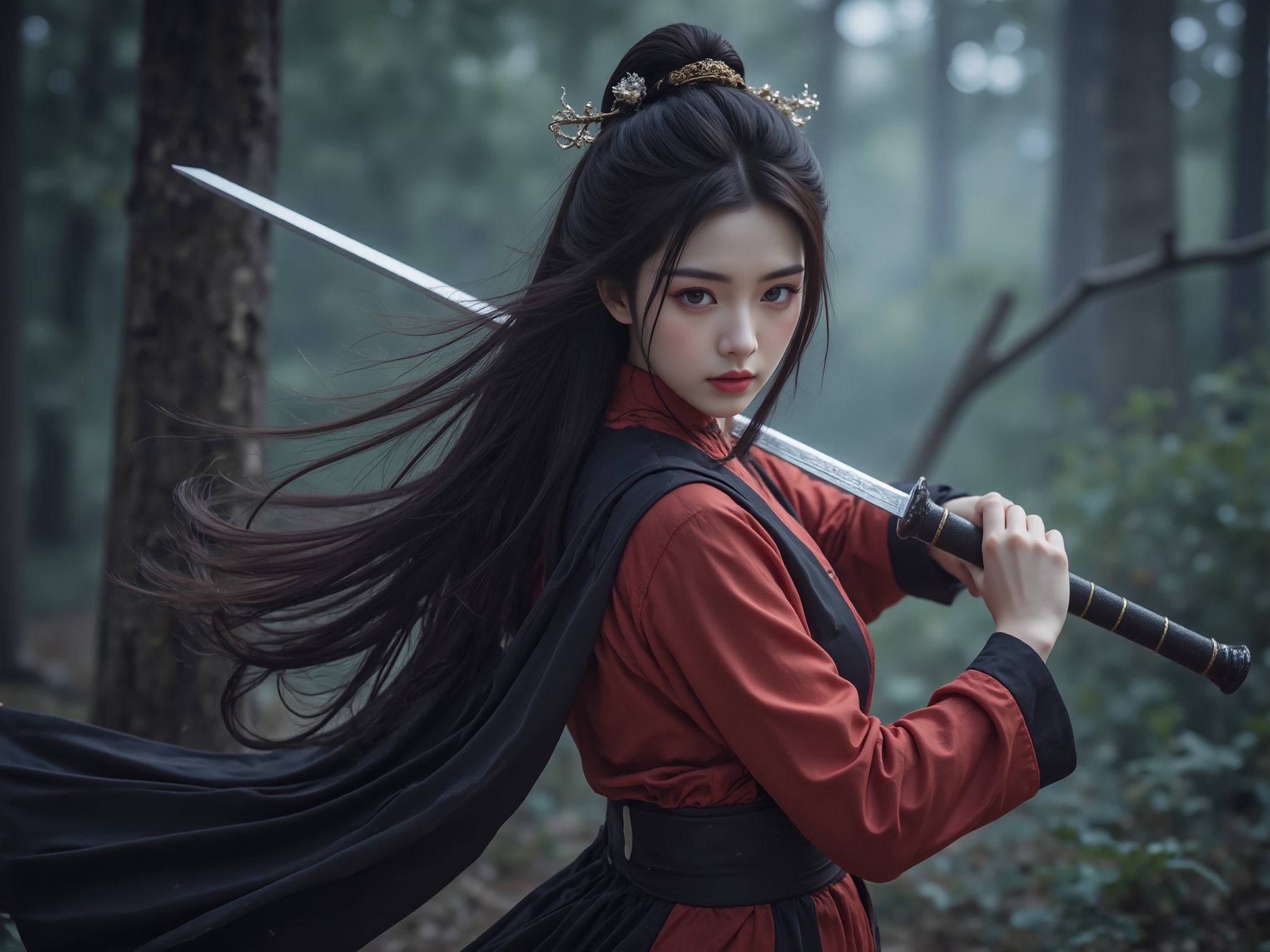 Wuxia, a woman in traditional Chinese attire, Tang dynasty, red and black flowing robes, intricate hair ornaments, holding a sword, poised stance, dramatic forest background, soft natural light, serene and focused expression, ancient dynasty ambiance.<lora:极品超模V8_2.0:0.8>