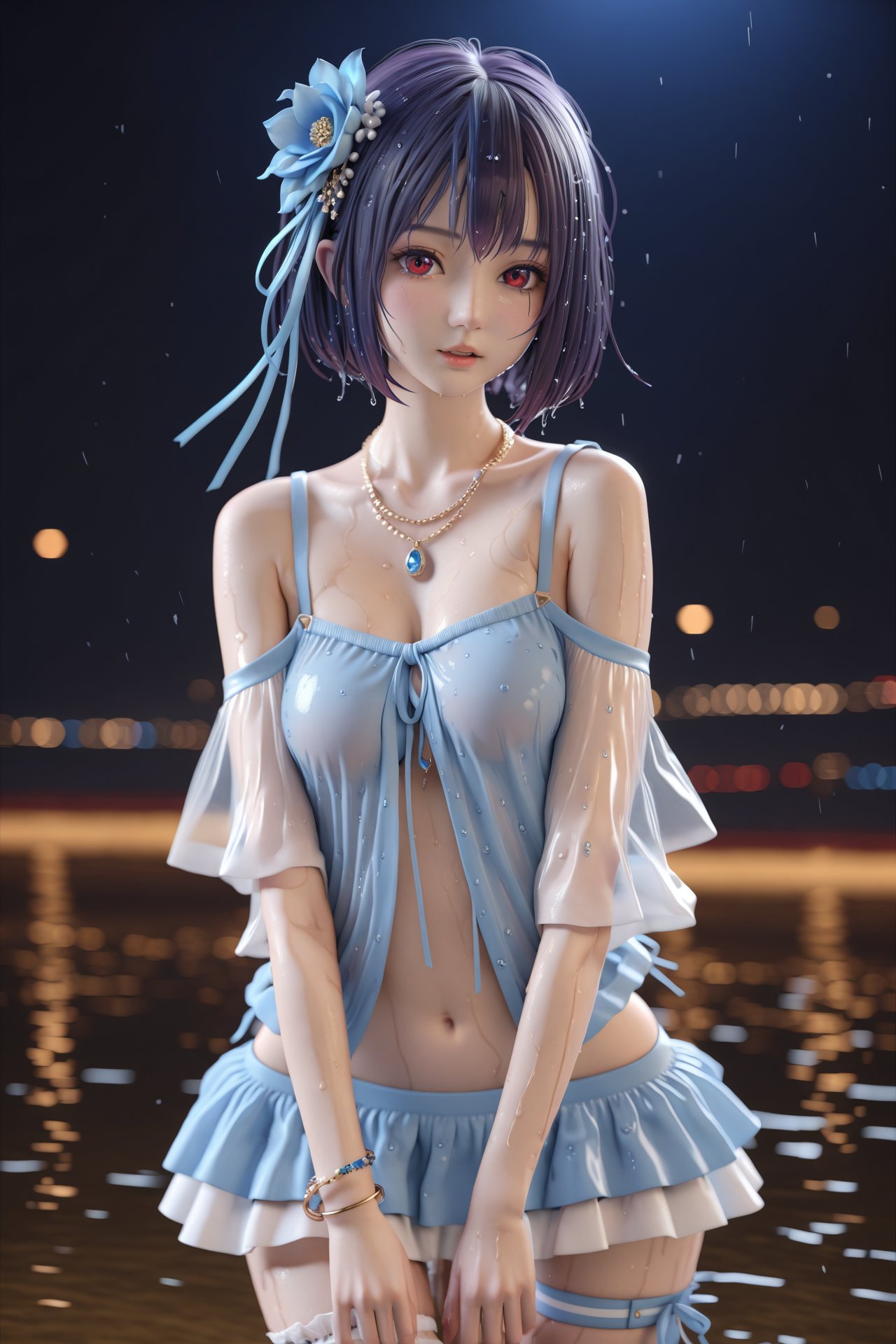 (masterpiece),(best quality),illustration,ultra detailed,hdr,Depth of field,(colorful),mmd,night,1girl,solo,red eyes,looking at viewer,hair ornament,short hair,upper body,wet hair, hair ribbon, hair flower, leg_garter, necklace, bracelet, cold shoulder,miniskirt,royal