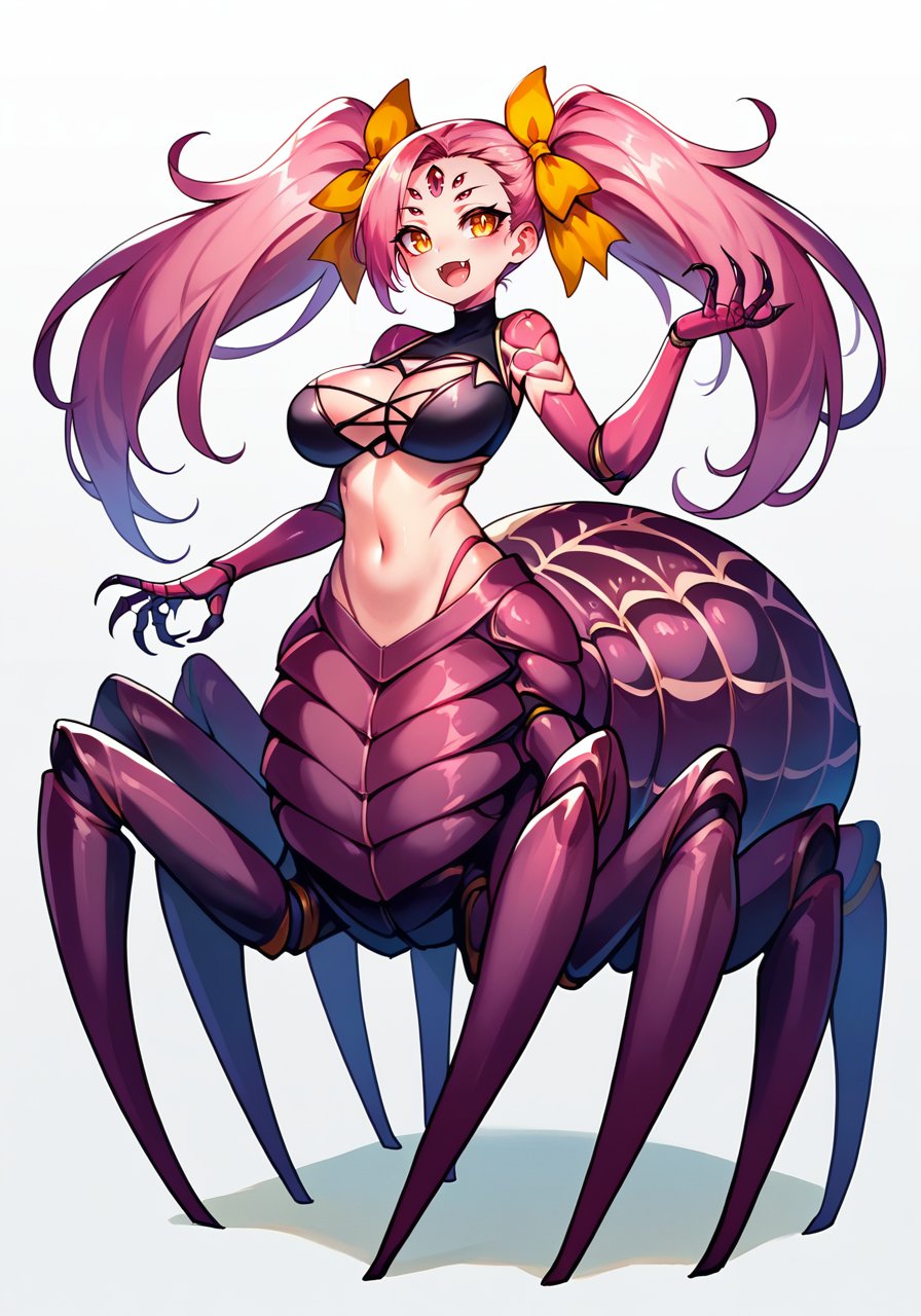 score_9, score_8_up, score_7_up, score_6_up, high quality, masterpiece, 8k, highres, detailed, , 1girl, arachne, arthropod_girl, fang, full_body, hair_ribbon, monster_girl, navel, open_mouth, pink_hair, ribbon, simple_background, skin_fang, solo, spider_girl, taur, twintails, white_background, yellow_ribbon, large breasts