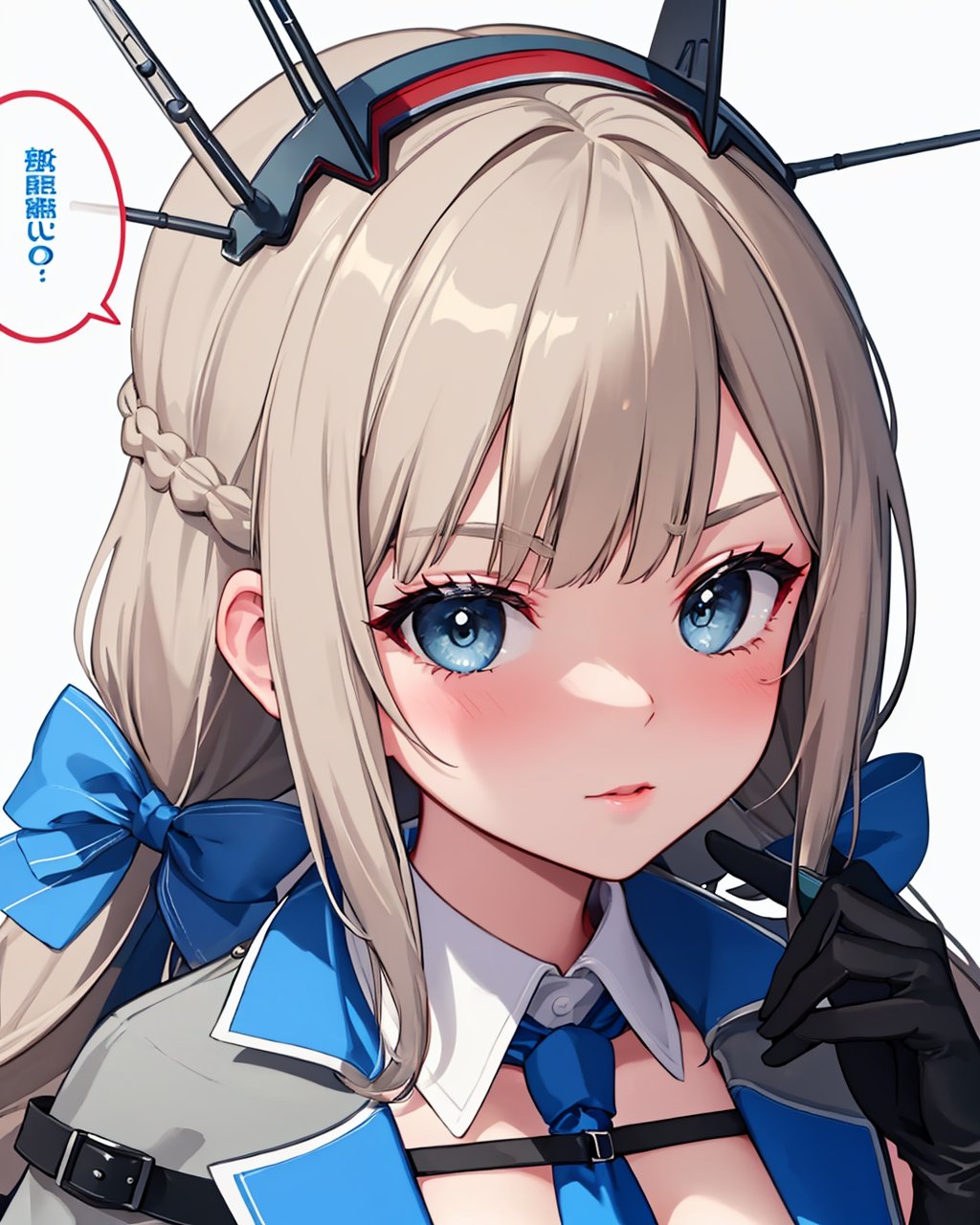 masterpiece,best quality, highly detailed, maryland (kancolle),1girl, solo, large breasts, low twintails, thought bubble, black gloves, speech bubble, blue necktie, blue bow, hair bow, ?, headgear, hairband, capelet, braid, necktie between breasts, pleated dress, grey dress, blush,<lora:maryland_(kancolle):1>