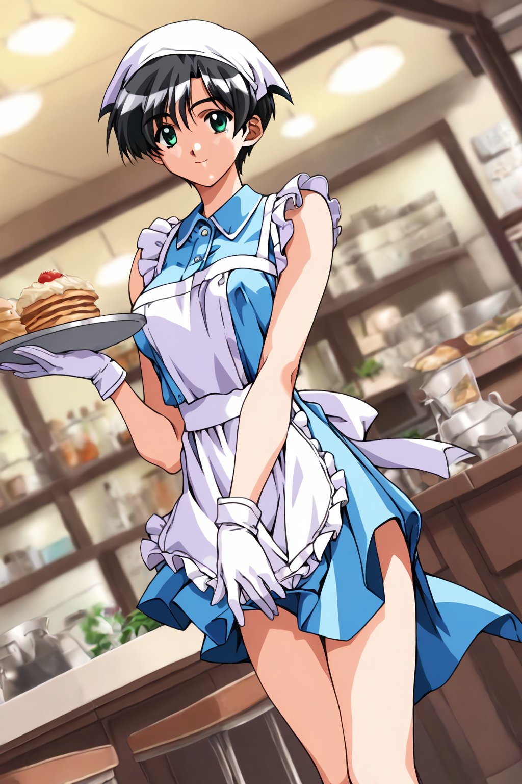 score_9, score_8_up, score_7_up, score_6_up, score_5_up, score_4_up, source_animewakabayashi ayu, 1girl, black hair, green eyes, short hair, solo, smile, apron, blue shirt, blue skirt, frilled apron, frills, gloves, head scarf, shirt, short sleeves, skirt, uniform, waist apron, waitress, white apron, white gloves, food, tray, food tray, indoors, restaurant, looking at viewer, dutch angle, cowboy shot,masterpiece, perfect face, best quality, beautiful girl, blurry background, cute girl, beautiful eyes, shiny eyes, anime coloring, anime screencap, absurdres, outdoors.  <lora:wakabayashi ayu hoseki 820 1:0.8>