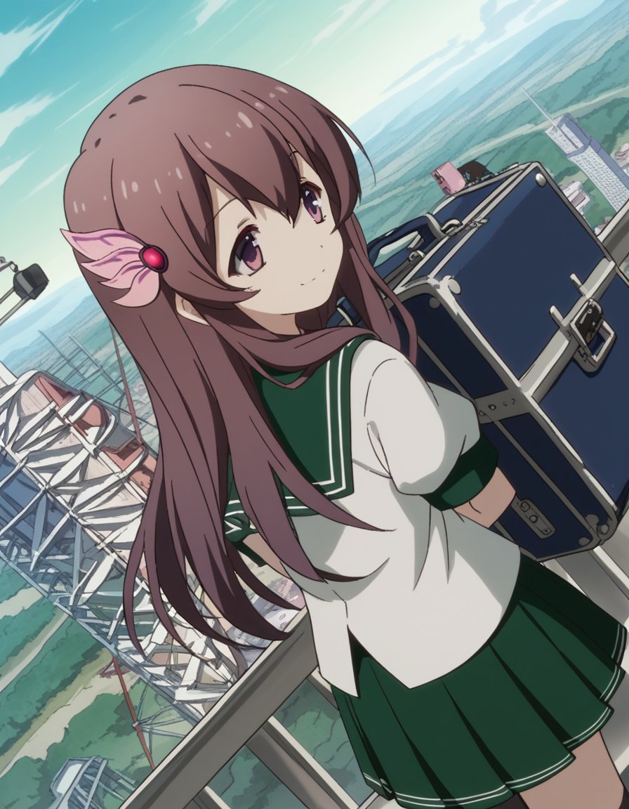 score_9, score_8_up, score_7_up, source_anime, <lora:kancolle-kisaragi-s1-ponyxl-lora-nochekaiser:1>, kisaragi, long hair, brown hair, hair ornament, brown eyes, purple eyes, kisaragi (kancolle), skirt, school uniform, short sleeves, pleated skirt, serafuku, green skirt,, train station, waiting for train, suitcase, traveling, commute, city skyline, hands behind back,, smile, , hands behind back, bent over, smile, solo,, cowboy shot, dutch angle