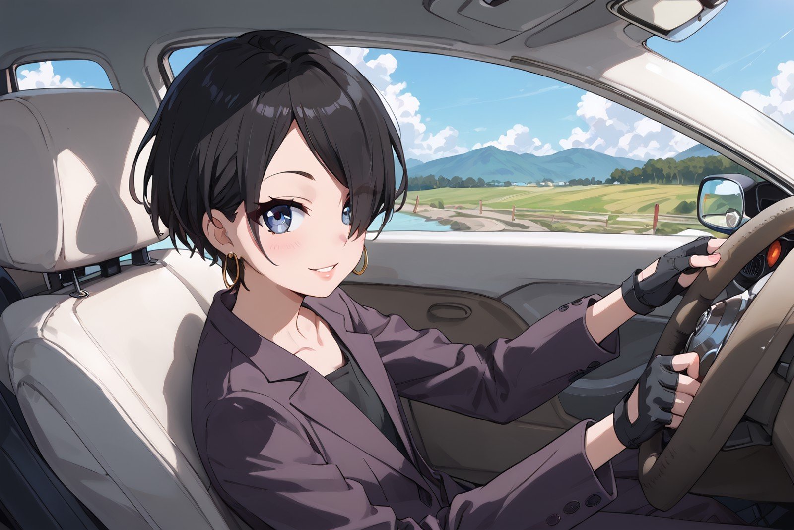 score_9, score_8_up, score_7_up, , source_anime, BREAK okitsuyuka, solo, earrings, black hair, short hair, suit, looking at viewer, 1girl, blue eyes, jacket,, collarbone, pants, , best quality, masterpiece, cowboy shot, hair over one eye, , , smile,    <lora:okitsuyuka_pony:1>black shirt,  driving,  fingerless gloves,  cowboy shot,