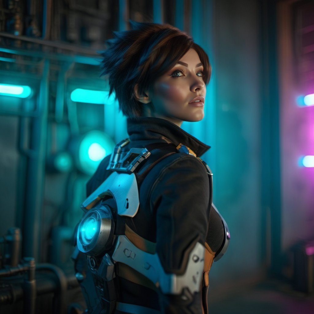 cinematic photo a woman in a futuristic cyberpunk background, neon lights <lora:Tracer1024:0.8> . 35mm photograph, film, bokeh, professional, 4k, highly detailed