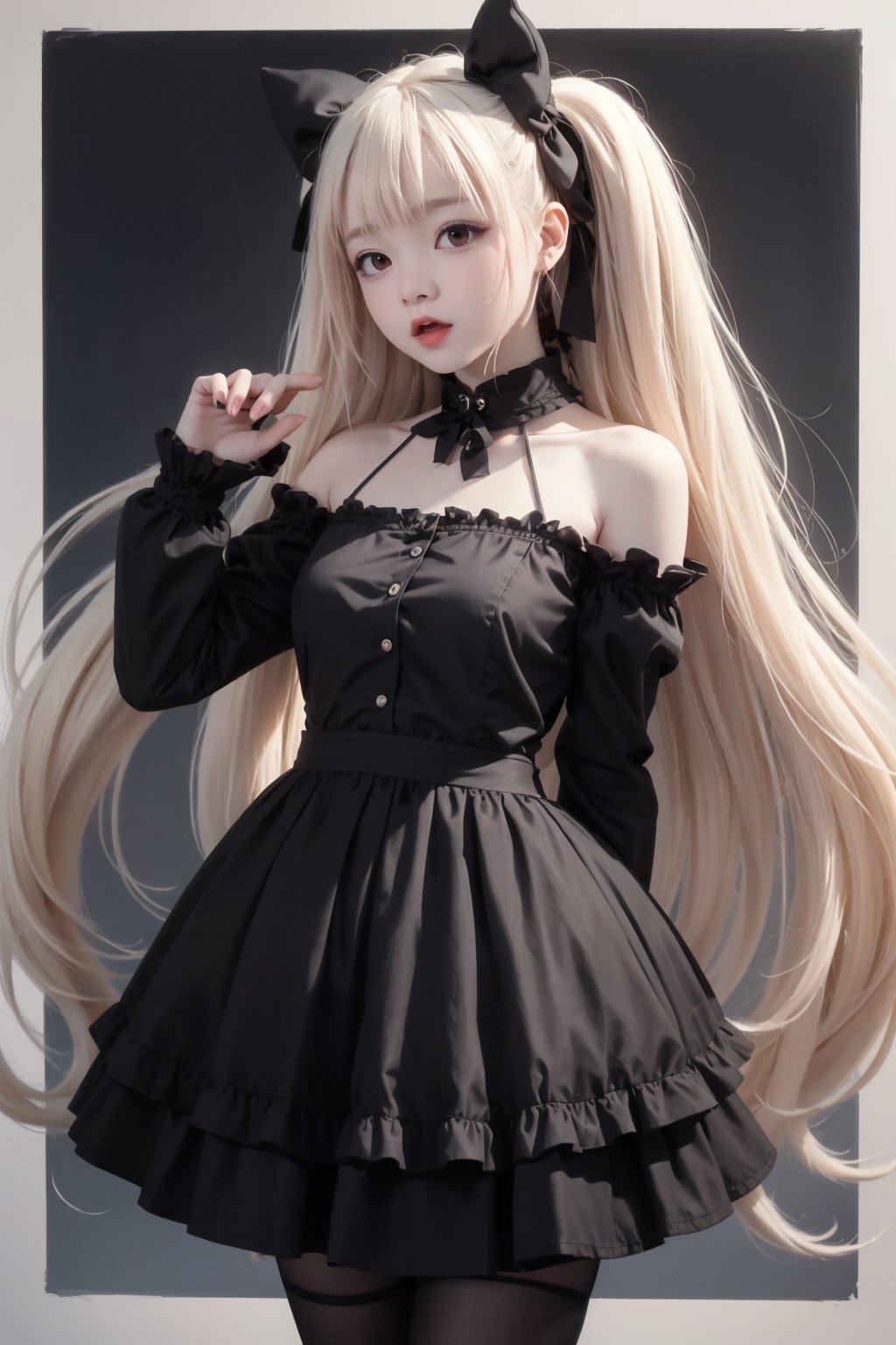 (illustration,splash art:1.1),(simple background:1.1),aesthetic BREAK 1girl,solo,vampire,white hair,red eyes,gothic lolita,detached sleeves,long sleeves,black dress,twintails,long hair,pale skin,open mouth,hands behind back,leaning forward,head tilt,