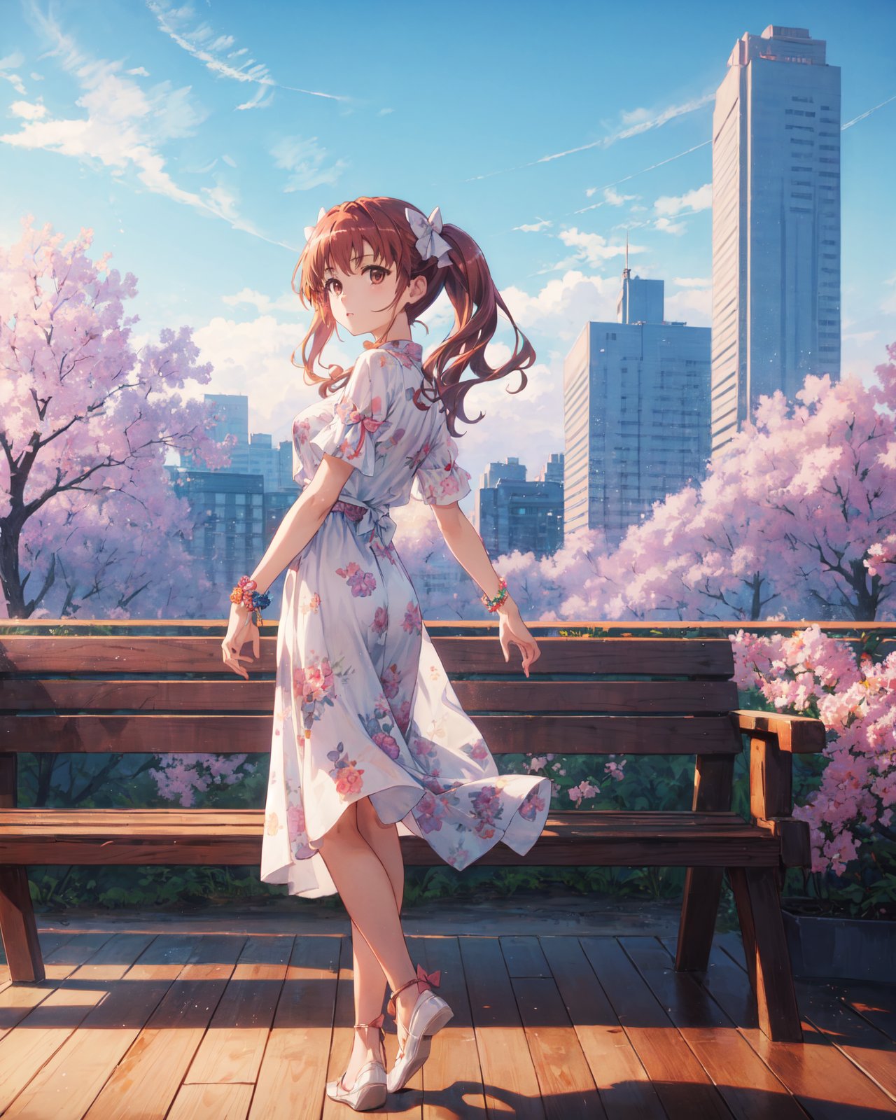 <lora:Kuroko-000003:0.8>,Kuroko CYQL,1girl,looking at viewer,solo,long hair,twintails,brown hair,brown eyes,bow,hair bow,wavy hair,(Boho_floral_maxi_dress:1.5),(Barefoot_sandals:1.4),(Wooden_beaded_bracelets:1.3),(Boho_festival_background:1.4),(smug:1.2),(portrait:1.1),from_side,Cherry blossoms, Magnolia trees, Park benches, Joggers, Urban skyline, Afternoon sun,beautiful detailed sky,beautiful detailed glow,posing in front of a colorful and dynamic background,masterpiece,best quality,beautiful and aesthetic,contrapposto,female focus,wallpaper,<lora:增强减少细节add_detail:0.4>,