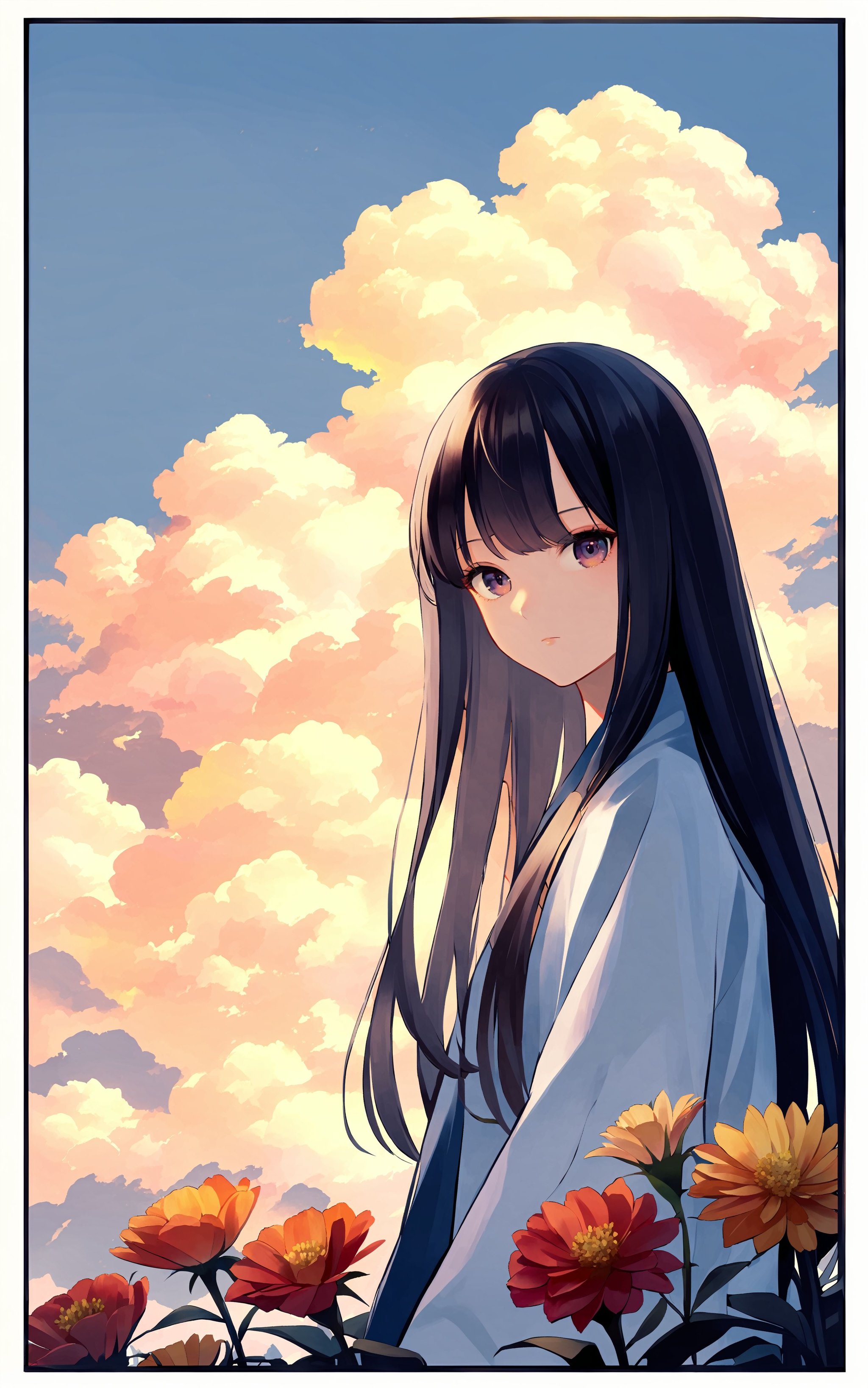 1girl, solo, looking at viewer, long hair, closed mouth, simple background,flower,border,sky,cloud <lora:XLTEST 06:0.75>