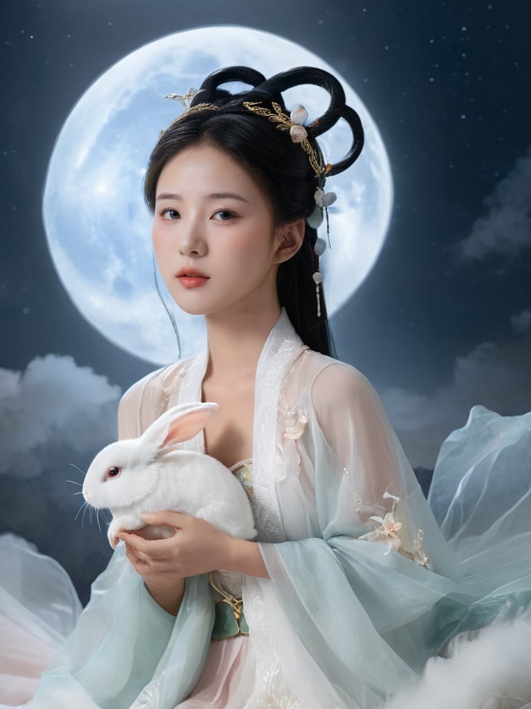 (Fairy Chang'e :1.5),Portrait of an asian girl, beautiful face, (beautiful hands:1.5), white rabbit, chinese costume, looking at the viewer, moon, big moon in the background, natural light, cinematic color, high realism, high detail, surrounded by clouds<lora:FairyChang:0.55> <lora:Beautiful_hands:0.35>