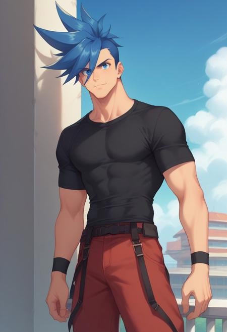 score_9, score_8_up, score_7_up, source_anime, highly detailed, galo, male focus, 1boy, blue hair, spiked hair, blue eyes, solo, shirt, black shirt, t-shirt, pants, red pants, outdoor, sky, day, blue sky,