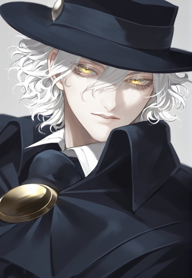 (best quality), ((masterpiece)), (highres), illustration, original, extremely detailed,   <lora:邪恶美学:0.7>solo, 1boy, male focus, edmond dantes \(fate\), hat, yellow eyes, white hair, looking at viewer, black headwear, simple background, hair between eyes, fedora, wavy hair, bangs, upper body