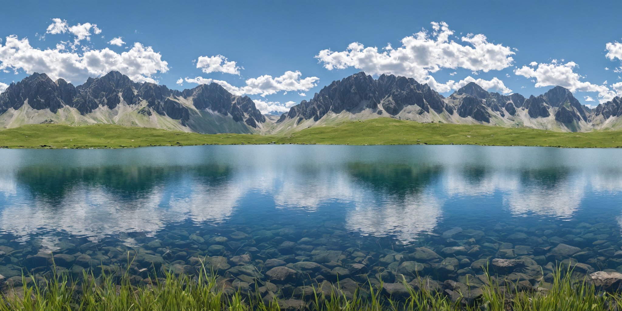 <lora:HMSG风景XL-000008:1>,Centered Horizon,No seams,A serene lake nestled among rocks and grassland,with a majestic mountain range serving as its backdrop. The clear waters of the lake mirror the sky above,creating a peaceful equilibrium between earth and heaven. The grass whispers with the wind,and the surrounding rocks stand as silent witnesses to the timeless beauty of this secluded haven.,<lora:光影XL:1>,