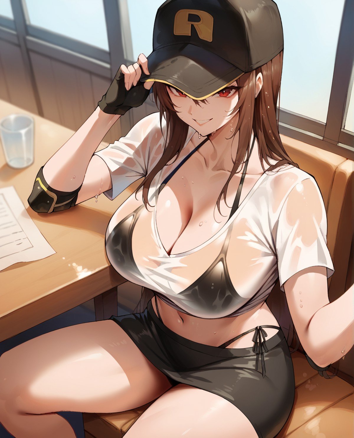 score_9, score_8_up, score_7_up, <lora:rororoV1:0.85>1girl, swimsuit, black bikini, large breasts, fingerless gloves, red eyes, long hair, elbow pads, brown hair, sitting, baseball cap, white shirt, hat, navel, original, looking at viewer, smile, side-tie bikini, bikini under clothes, see-through, wet clothes, collarbone, shorts, thighs, short sleeves, black skirt, midriff, bangs, parted lips, string bikini, cleavage, highleg bikini, wet shirt, table, black headwear, grin