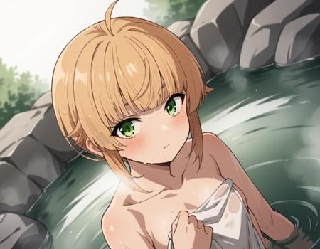 score_9, score_8_up, score_7_up, source_anime,norngreyrat, <lora:norn-greyrat-s2-ponyxl-lora-nochekaiser:1>,norn greyrat, bangs, blonde hair, green eyes, ahoge,nude, naked, small breasts,outdoors, onsen, towel, naked towel, steam, bathing, nude cover, partially submerged, water, bath, steam censor, wet towel, blush,solo, dutch angle, looking at viewer, cowboy shot,