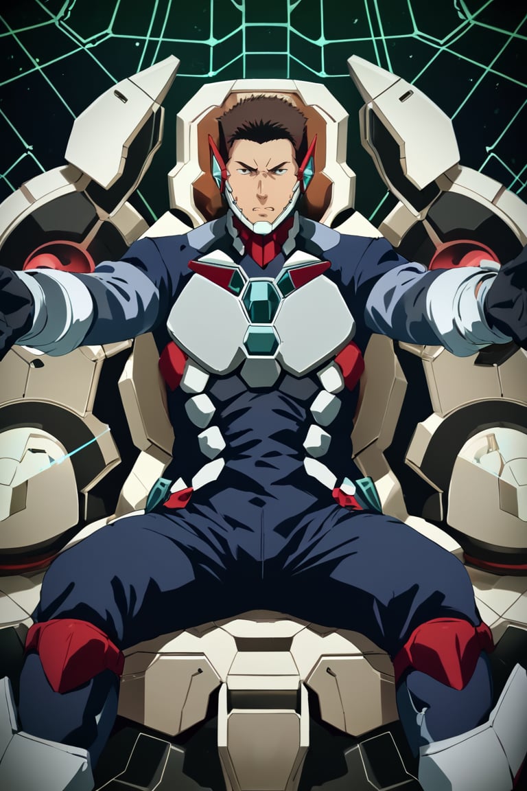 score_9,score_8_up,score_7_up, solo male, Isami Ao, (short hair, neat hair, bare forehead:1.3), brown eyes, sanpaku, constricted pupils, Bang Bravern bodysuit, mandible guard, tactical gloves, mecha cockpit, (full body), from front, mature, handsome, charming, alluring, masculine, serious, intense eyes, v-shaped eyebrows, shout, mad, look at viewer, sitting, (outstretched arms, outstretched legs), (feet out of frame:1.3), huge industrial mecha, mecha cockpit, operator's seat, throttle, joystick, seatbelt, multiple monitor screen, perfect anatomy, perfect proportions, best quality, masterpiece, high_resolution, dutch angel, cowboy shot, photo background, science fiction, mecha, multiple monitors, cinematic, war, mecha, robot, cinematic still, emotional, harmonious, vignette, bokeh, cinemascope, moody, epic, gorgeous, inside the mecha, (emphasis lines)<lora:EMS-369096-EMS:0.800000>