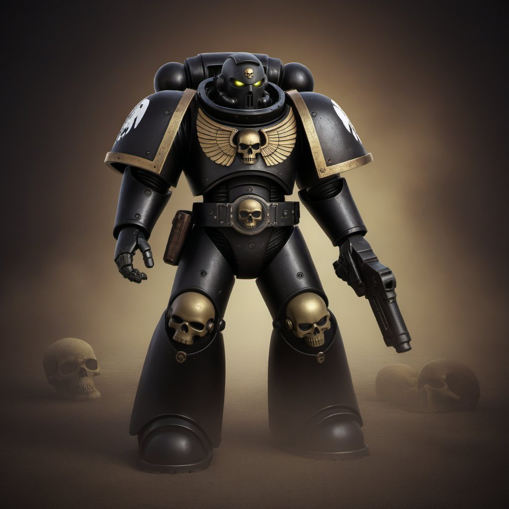 a black spacemarine robot, steampunk war background, dust, skulls, death <lora:SpaceMarine1024:0.4>