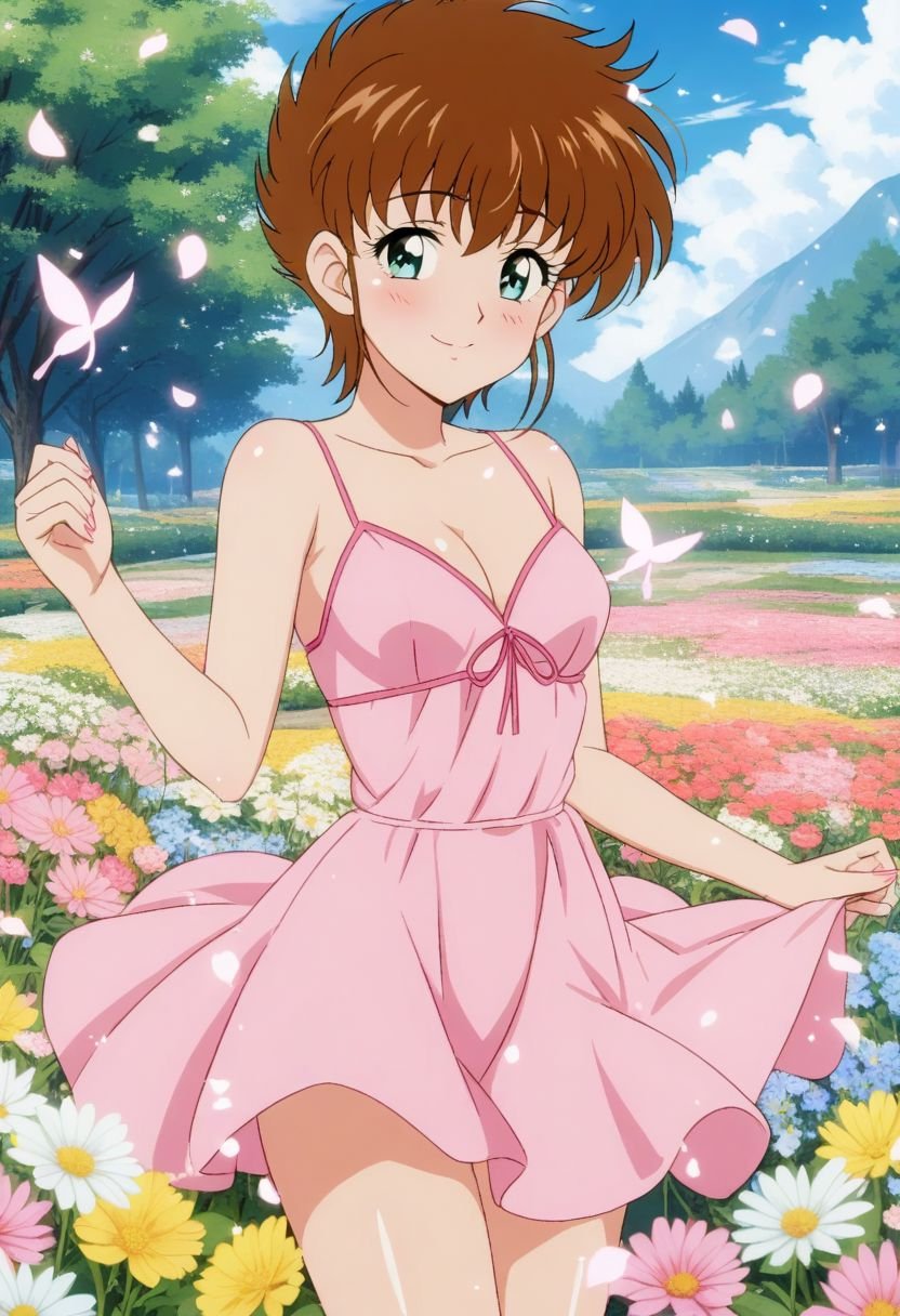 Haruka, brown hair, short hair, aqua eyes, pink summer dress, cleavage, (nsfw), (uncensored), cowboy shot, dynamic pose, 1 girl, solo, happy smile joy, blush, ashamed, shy, sexy, charming, alluring, seductive, enchanting, erotic, ((outdoors)), ((flower garden)), ((flowers)), ((many flowers)), spring petals, petals of flowers, spring, falling petals, flying butterflies,