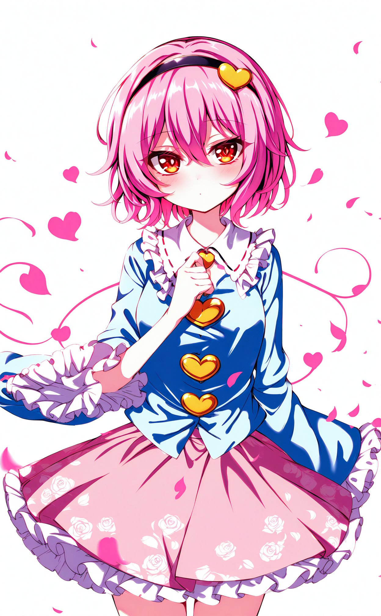 masterpiece,best quality,high quality,(colorful),loli,Artist yamanakaume,1girl,komeiji satori,solo,third eye,skirt,pink skirt,pink hair,shirt,hairband,blue shirt,black hairband,short hair,heart,frills,wide sleeves,floral print,long sleeves,pink eyes,hair ornament,looking at viewer,white background,heart hair ornament,closed mouth,frilled sleeves,hair between eyes,petals,frilled shirt collar,rose print,simple background,hand up,buttons,heart button,frilled skirt,cowboy shot,red eyes,