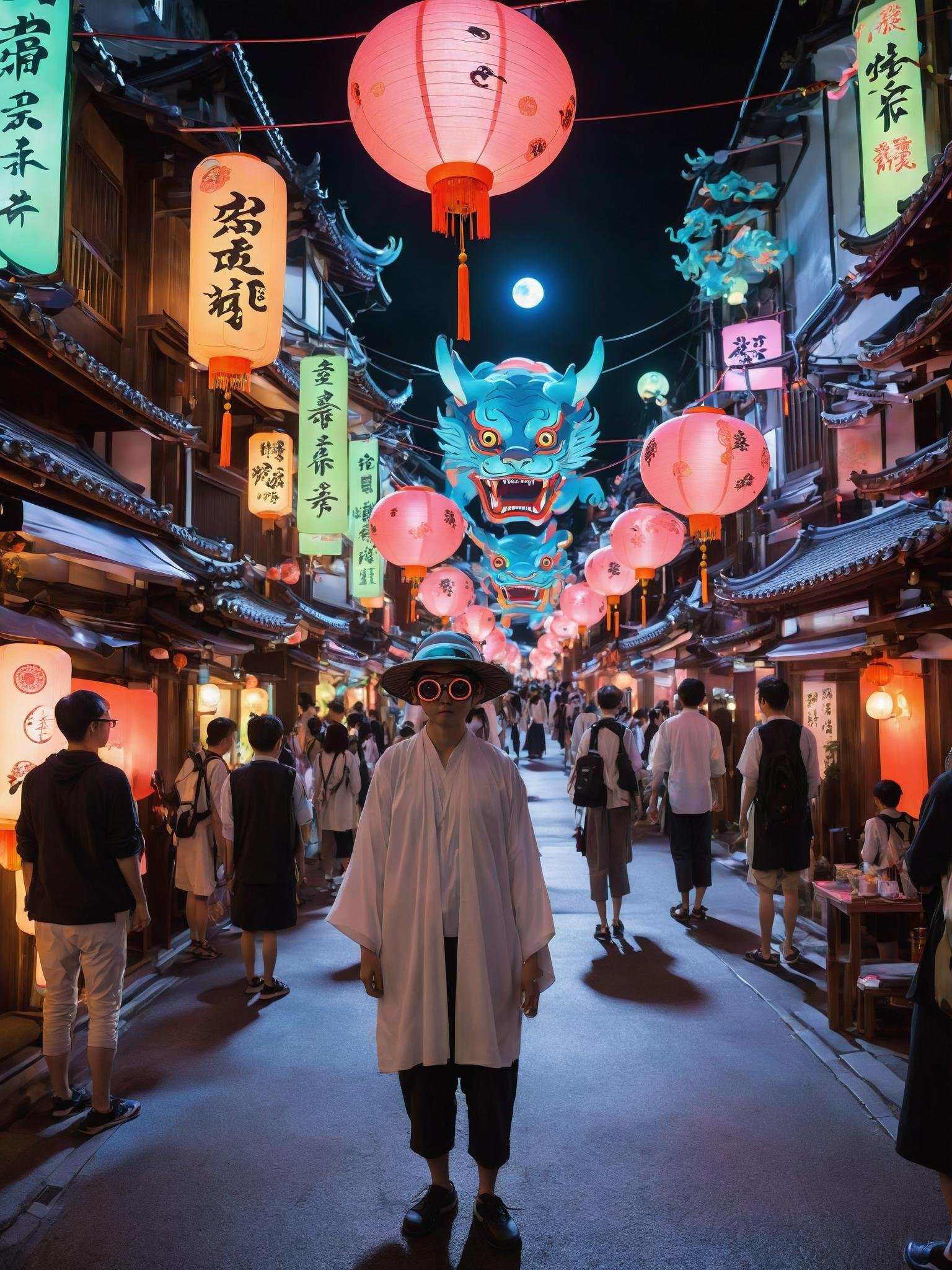 During an annual festival, the streets transform into an augmented reality playground merging ancient Yokai spirits with futuristic technology. Attendees wear AR glasses to interact with holographic Yokai creatures that roam the neon-infused streets. Traditional lanterns float alongside digital projections of mythical beings, creating an immersive experience where folklore and digital innovation coalesce in a captivating celebration, <lora:ByteBlade:1>
