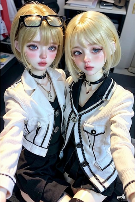 long hair, looking at viewer, blush, short hair, bangs, blue eyes, multiple girls, skirt, blonde hair, thighhighs, long sleeves, 2girls, jewelry, jacket, one eye closed, glasses, choker, necklace, fishnets, eyewear on head, black-framed eyewear, realistic, selfie, fashion, EpicDoll, doll<lora:EpicDoll:0.8>