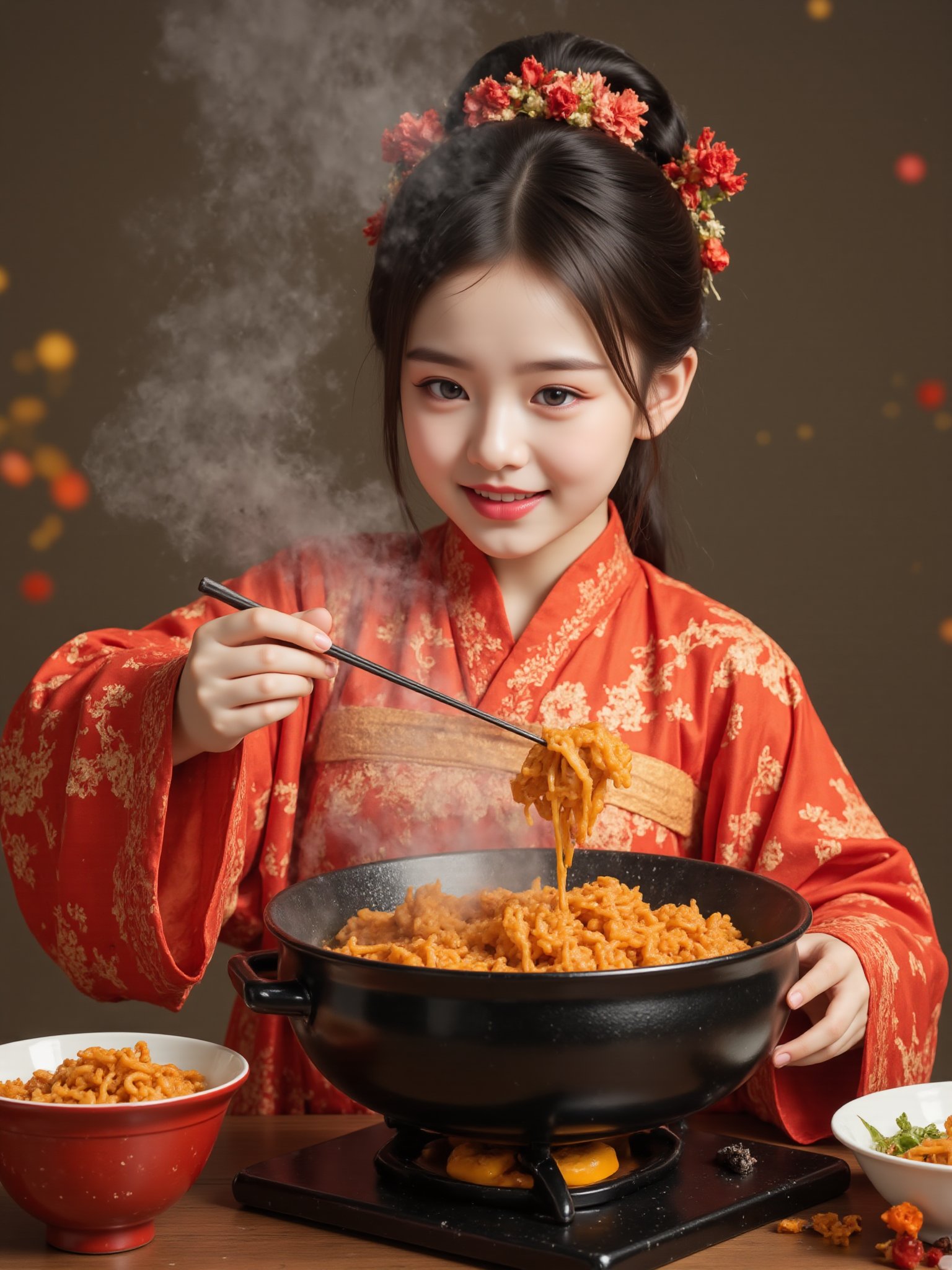 a traditional Chinese girl eating hot pot, a Tang Dynasty fantasy, happy dancing, cheerful laughter, positive attitude, painting style, rich and colorful animated stills, non-traditional posture<lora:极品超模V8_2.0:0.8>