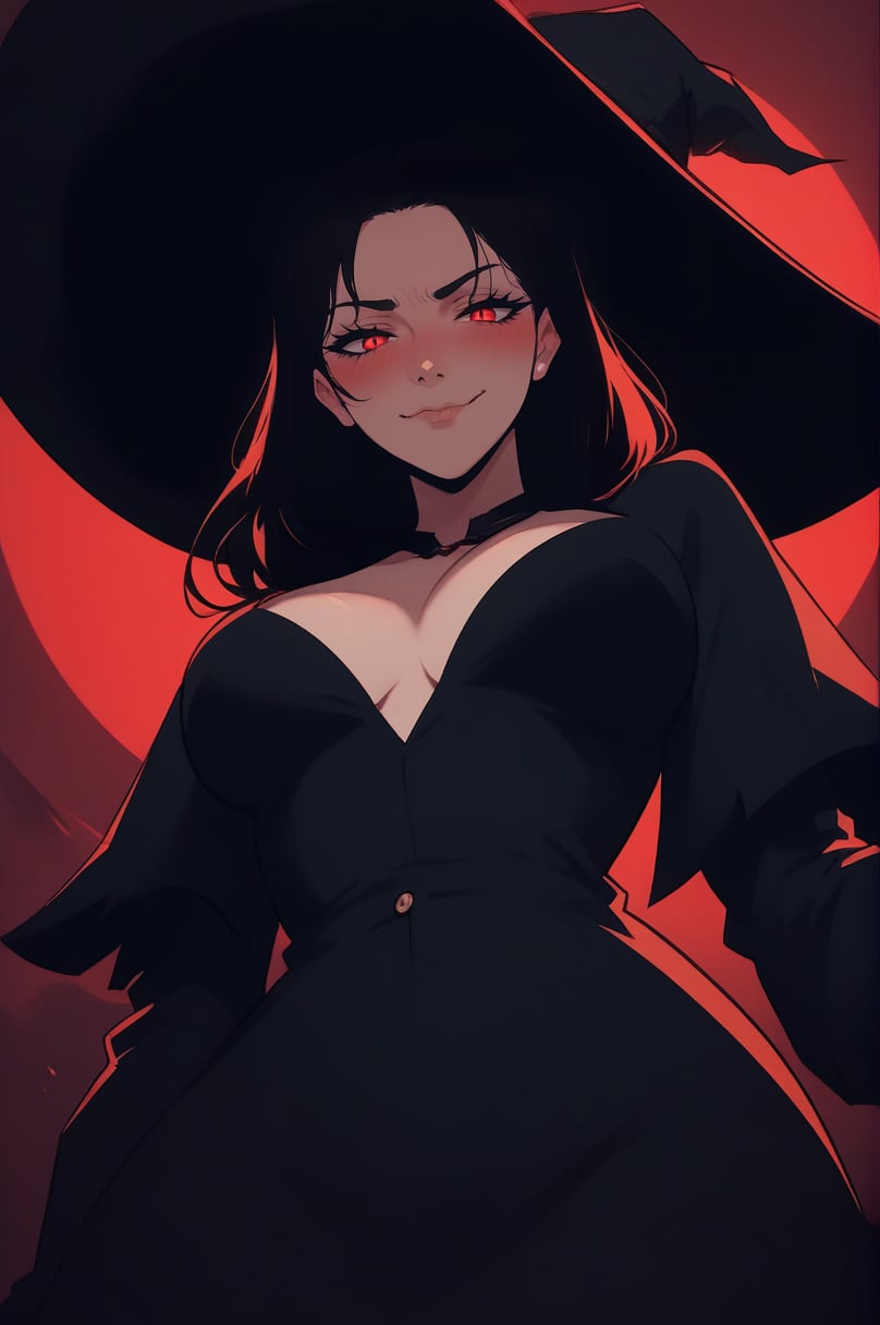 score_9, score_8_up, score_7_up,score_6_up,score_5_up,   <lora:NoctFlatStyle:1>witch woman, black hair, red eyes, witch hat, blush, looking at viewer, bangs, evil seductive smile, from below, medium breasts, cleavage, closed mouth, black robe