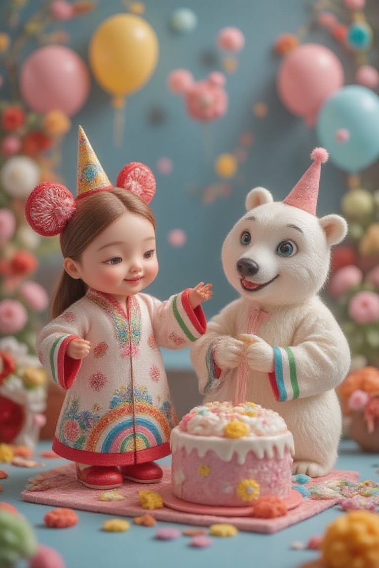 Vibrant candy world, intricately detailed Vietnamese doll-like girl, adorned in colorful traditional áo dài, stands amidst sugary wonders with her endearing white bear friend, both busily preparing a whimsical birthday celebration for grandpa, surrounded by lush balloons and festive decorations.