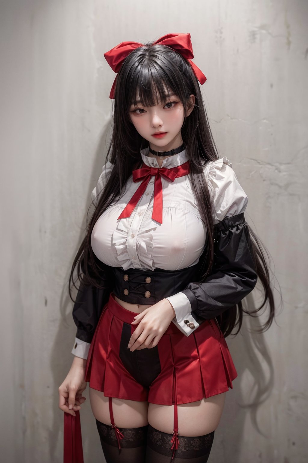 (best quality:1.3),ultra detailed,1girl,gigantic breasts,huge pelvis,(beautiful and aesthetic korean 25 years old),blunt bangs,hime cut,long hair,straight hair,sidelocks,frills,collar,ribbon,hair_ribbon,long_sleeves,black knee high socks,thighhighs,choker,cowboy_shot,<lora:GoodHands-beta2:1>,