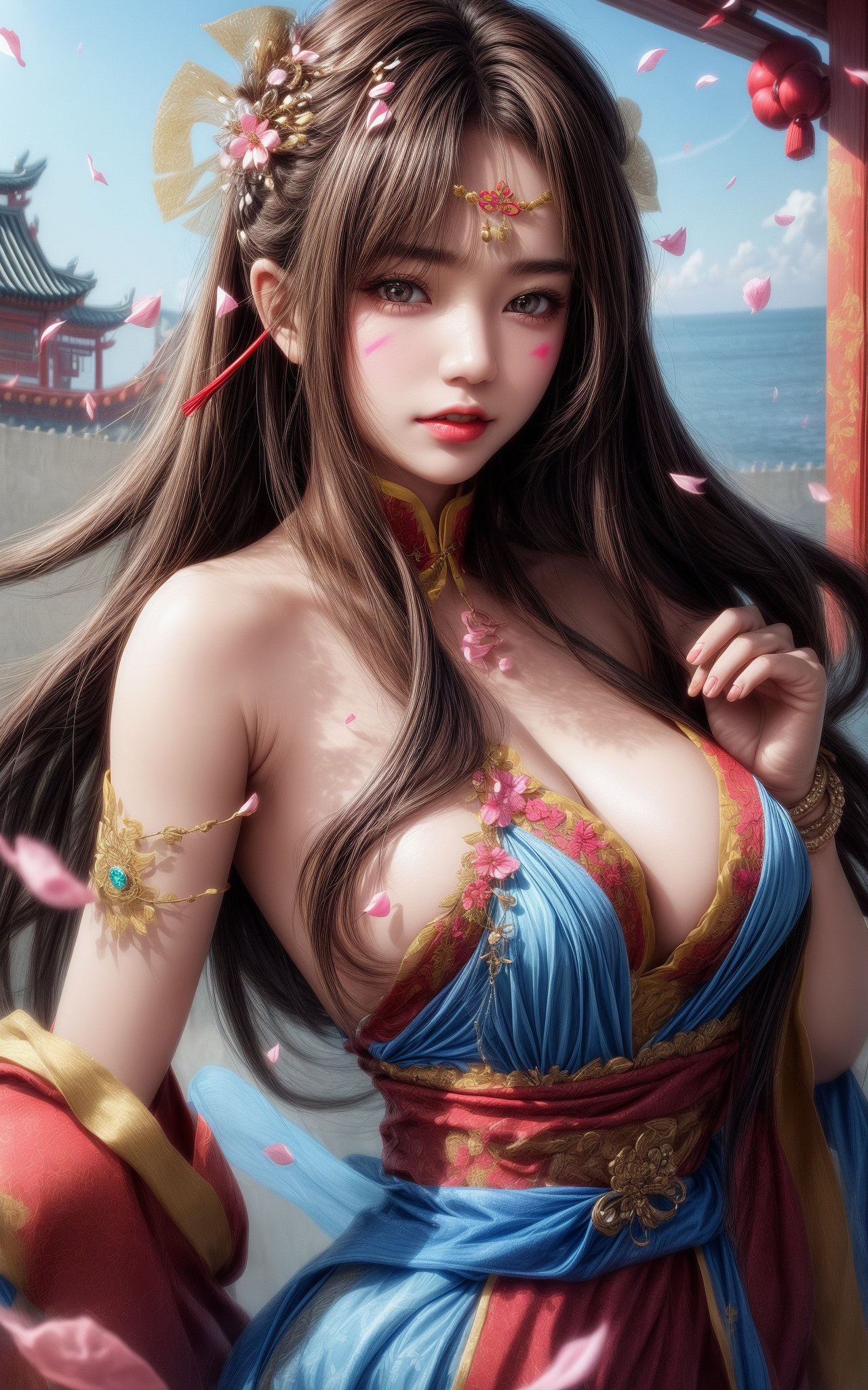 1girl,brown hair,hair ornament,upper body,solo,long hair,petals,breasts,facial mark,bare shoulders,dress,jewelry,bracelet,large breasts,looking at viewer,cleavage,brown eyes,holding,chinese clothes,