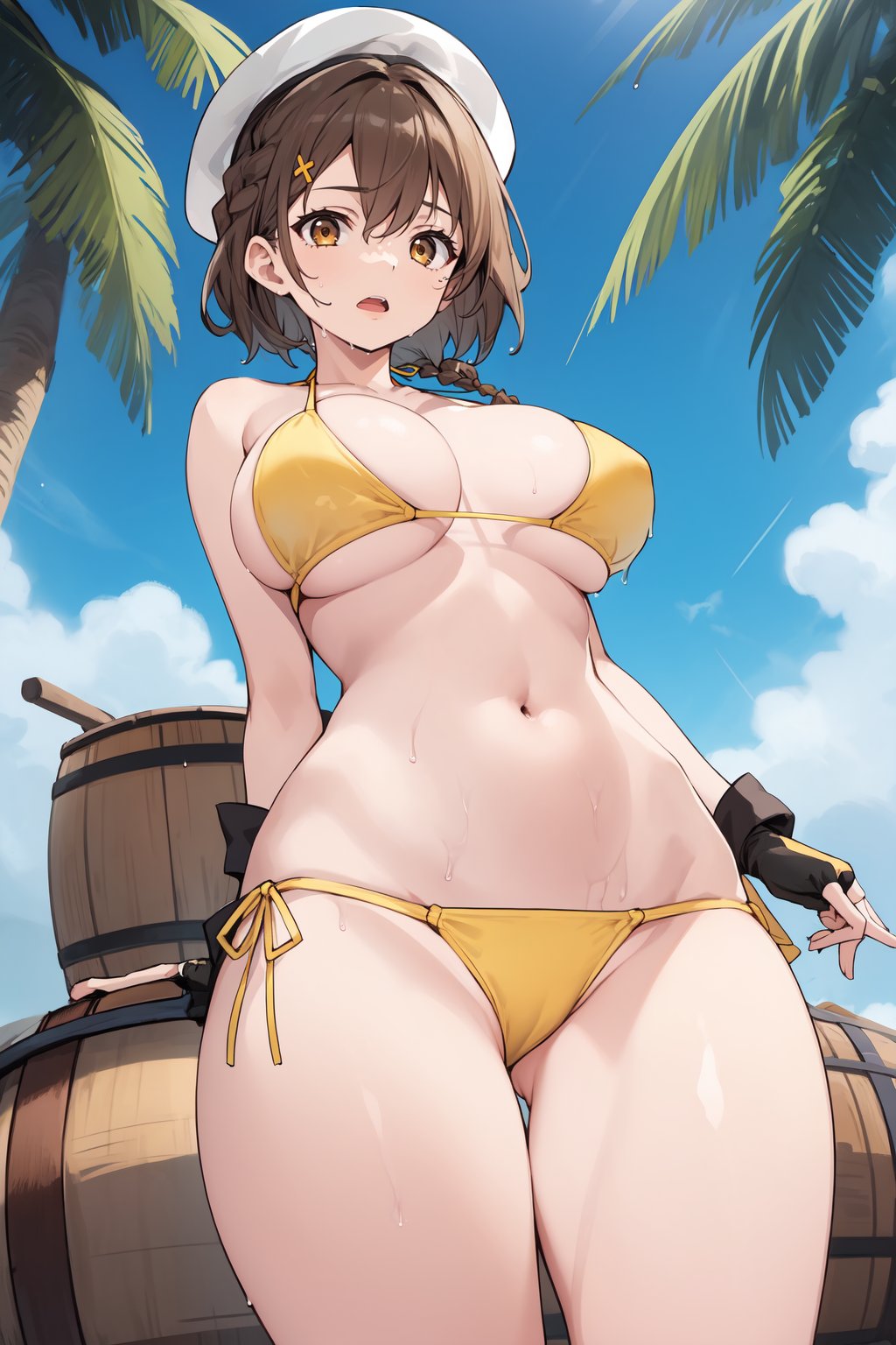 1girl, , arm behind back, ass visible through thighs, bare shoulders, barrel, bikini, blue sky, braid, breasts, brown eyes, brown hair, cleavage, curvy, day, fingerless gloves, from below, gloves, house, large breasts, narrow waist, navel, open mouth, outdoors, short hair, side braid, sky, solo, standing, stomach, swimsuit, thighs, tree, wet, white headwear, yellow bikini, 