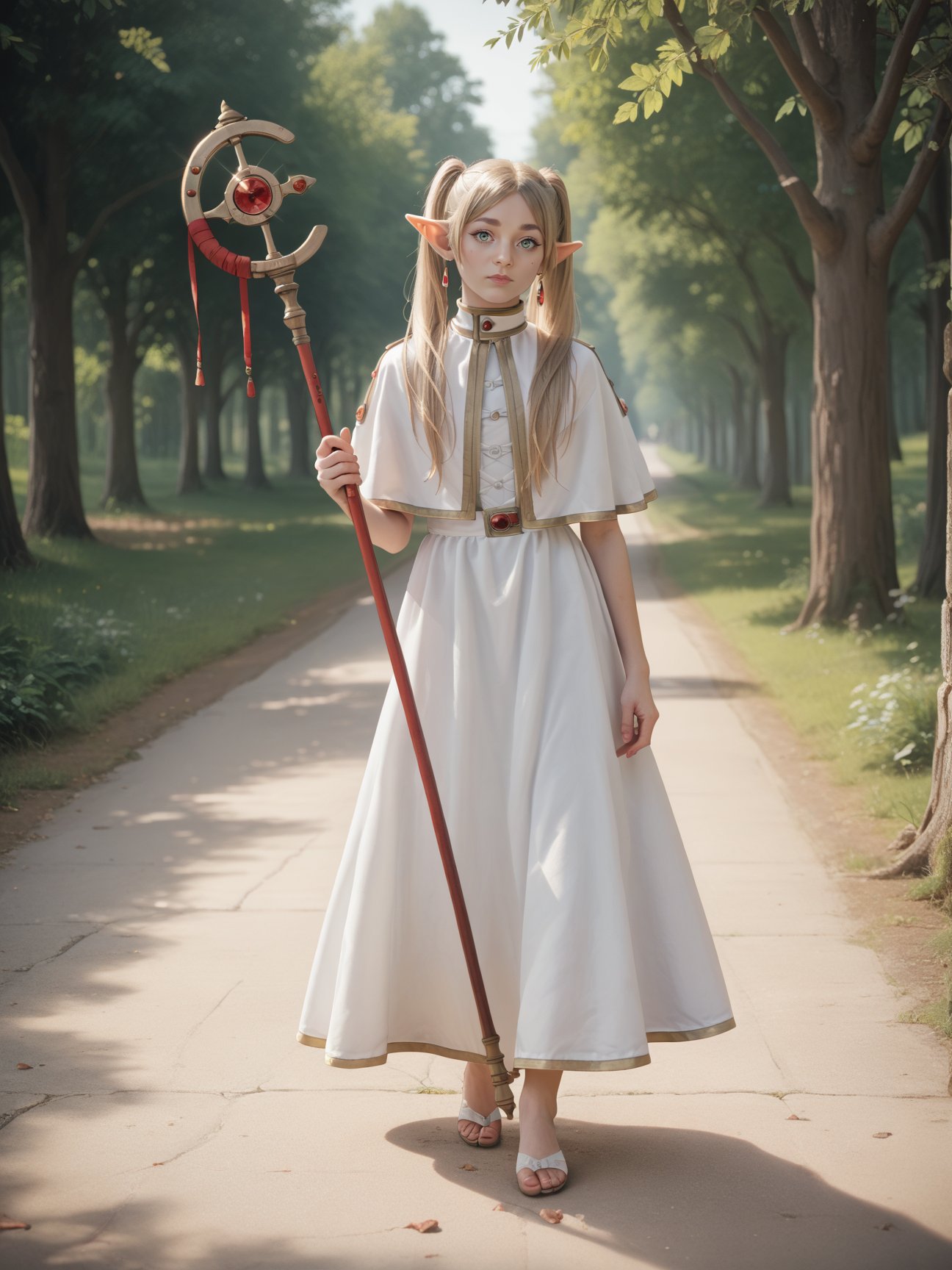 score_9, score_8_up, score_7_up, score_6_up, score_5_up, score_4_up, realistic, photograph,1girl frieren, <lora:frieren-PD-1.0:1>,holding staff, full body, white dress, capelet, tree, dirt path, expressionless, head tilt